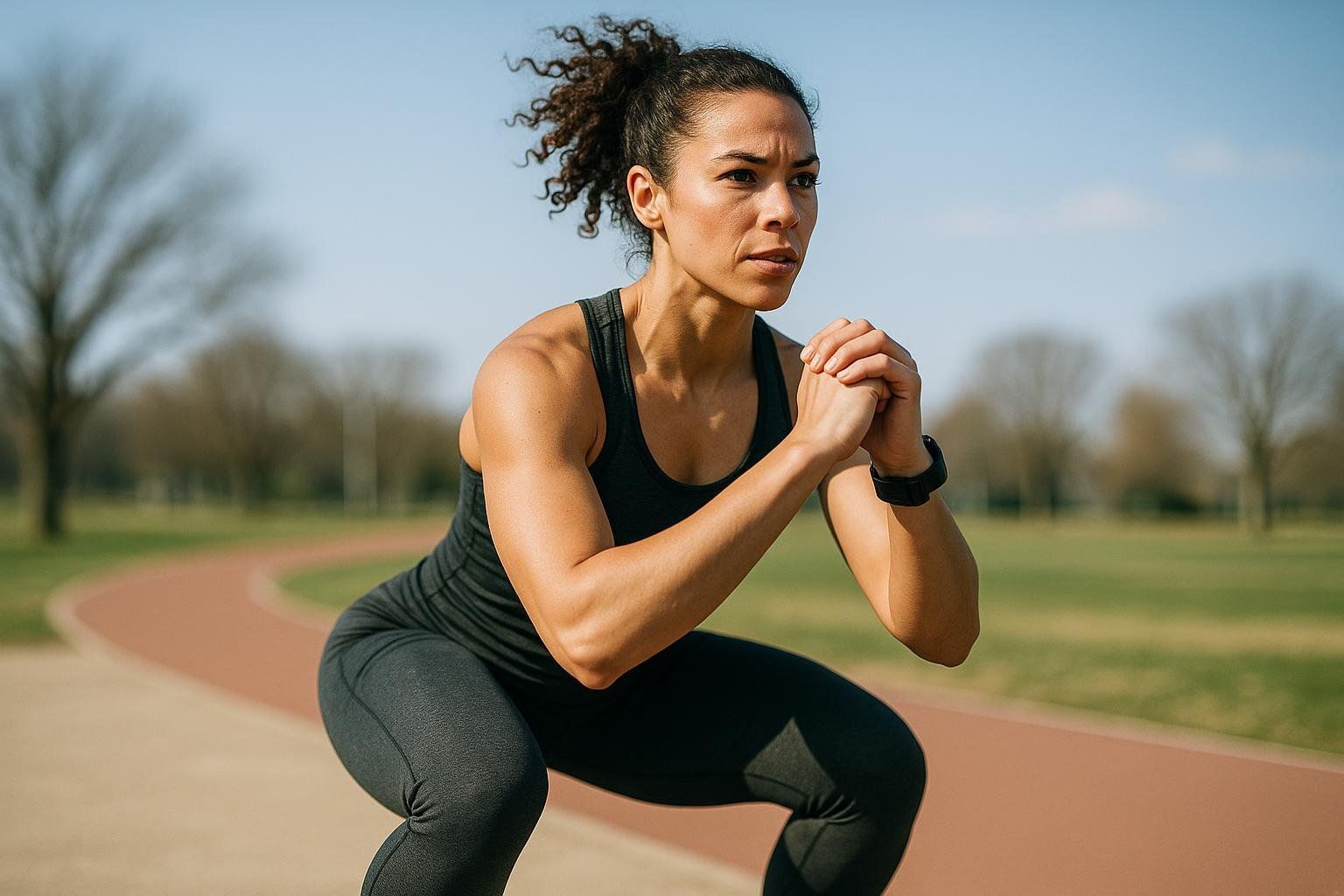 A female runner with curly hair, wearing a black tank top and leggings, performs a body-weight squat as part of a dynamic warm-up routine on an outdoor track. She has a focused expression.