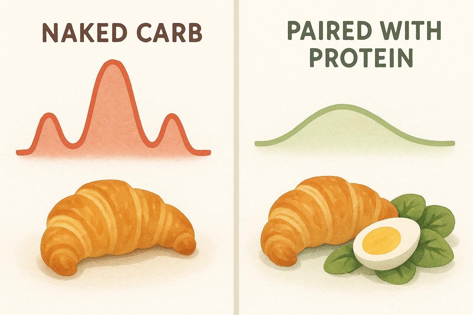 An illustration demonstrating how eating a carb alone (a croissant) causes a large and spiky glucose response (red line), while pairing the same carb with protein (croissant with a boiled egg and spinach) leads to a smaller, more stable glucose rise (green line).