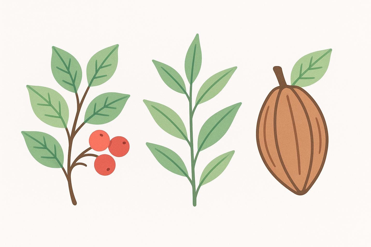 An illustration showing three plants representing natural caffeine sources: a coffee plant branch with red berries, a tea plant branch with green leaves, and a cacao pod with a single green leaf.