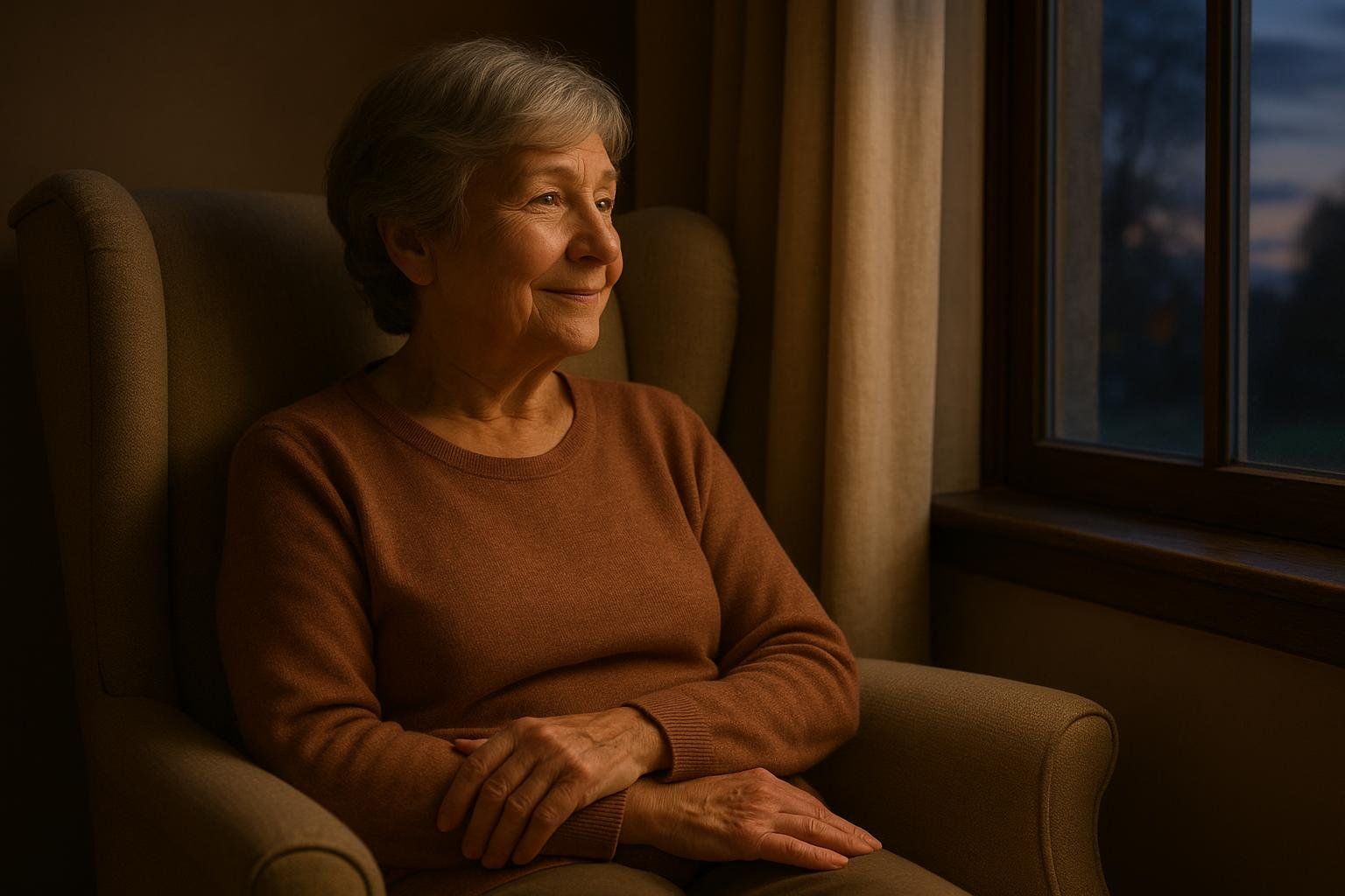 An older adult woman with gray hair sits in a comfortable armchair, looking out a window at dusk with a slight smile. The soft light from the window illuminates her face, while the room around her is dim. Her hands are gently clasped in her lap.