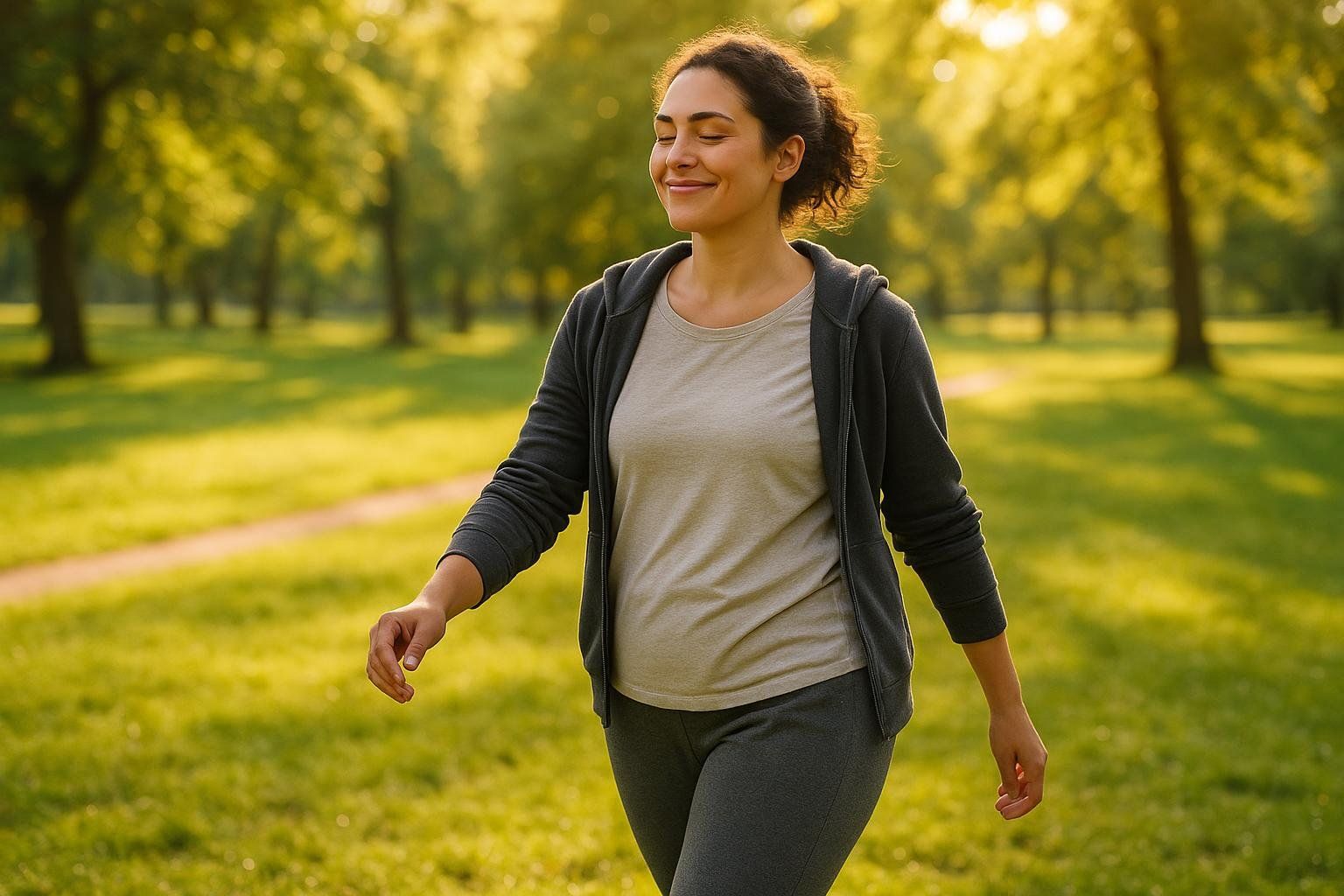 A smiling woman with her eyes closed walks through a sun-dappled park at sunset, appearing relaxed and content.
