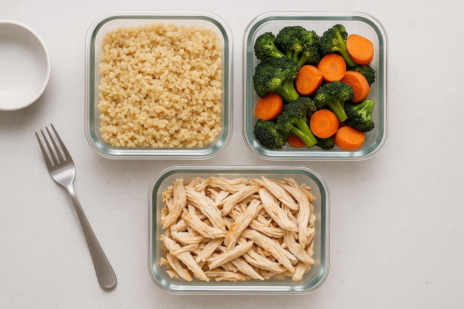 Three glass meal prep containers filled with cooked quinoa, steamed broccoli and carrots, and shredded chicken. A fork and an empty white bowl are visible on the left side.