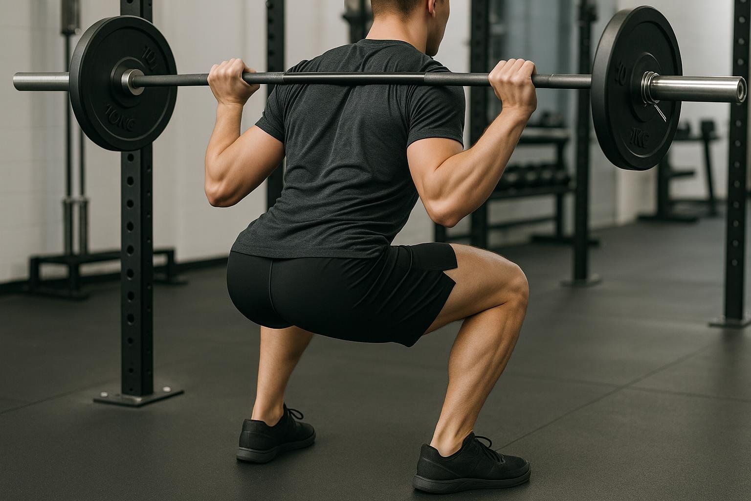 A person from the back, mid-squat with a barbell across their shoulders in a gym setting. They are wearing a dark grey t-shirt and black shorts.