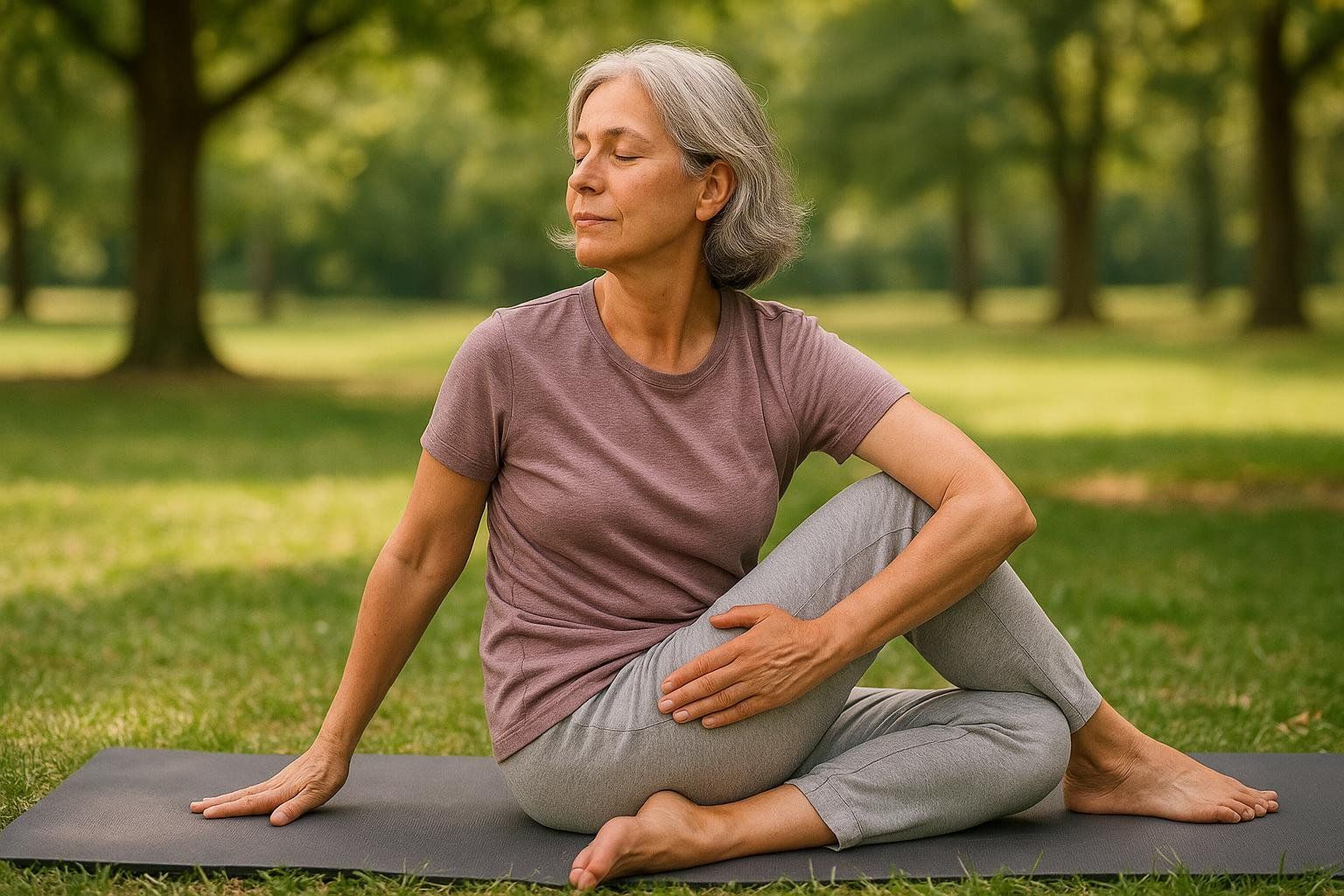 A middle-aged person with gray hair sits on a yoga mat in a park, doing a seated twist pose with their eyes closed and a peaceful expression.