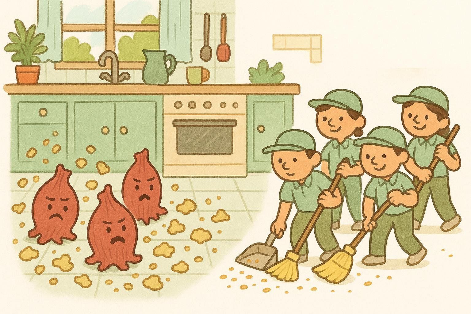 Illustration comparing active recovery to a cleanup crew tidying a kitchen, clearing away post-workout 'debris'.