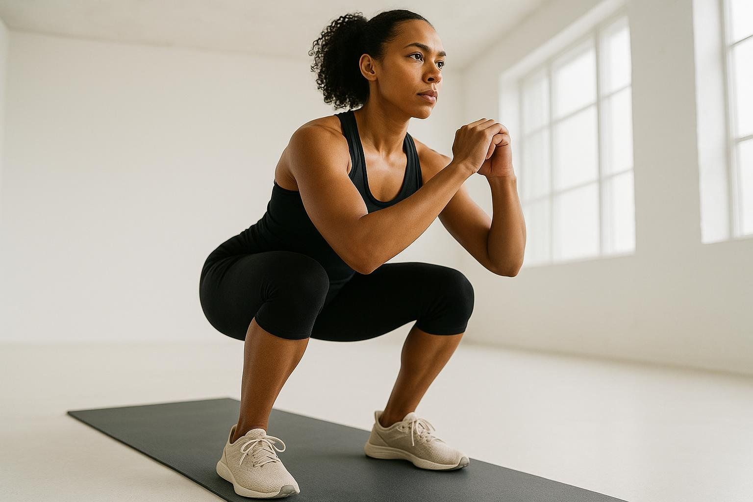 A woman with curly hair tied back is performing a bodyweight squat on a black yoga mat. She is wearing a black tank top, black capri leggings, and light-colored athletic shoes. Her hands are clasped in front of her chest, and she is looking intently to her right. The background is a bright, white room with large windows.