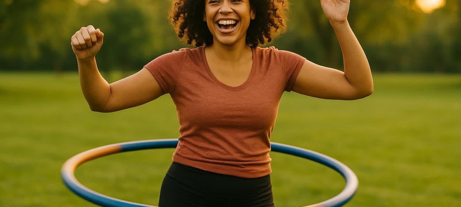 A woman enjoying a workout with a weighted hula hoop in a park at sunset.