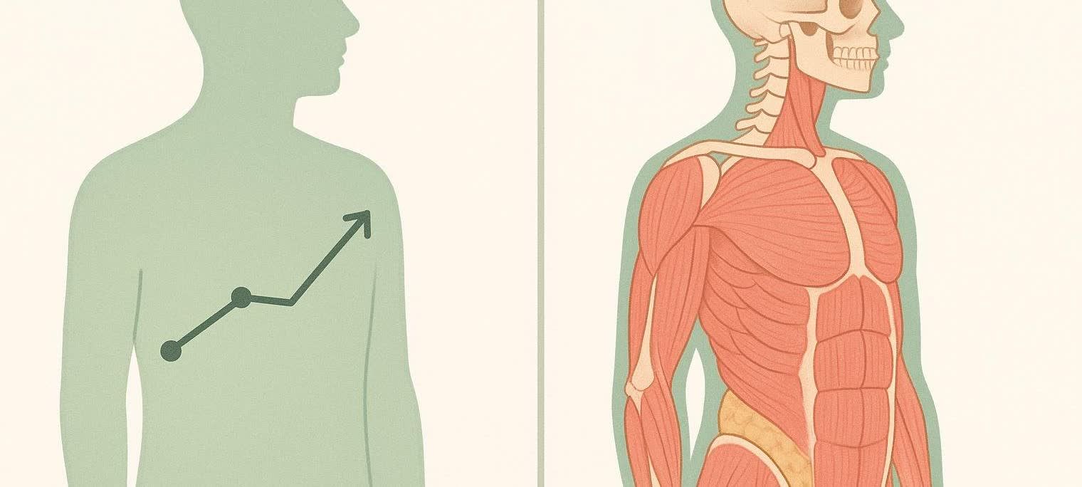 An illustration split in half, comparing an abstract body shape with a rising line graph inside it, to a cross-section illustration of the human muscular and skeletal systems.