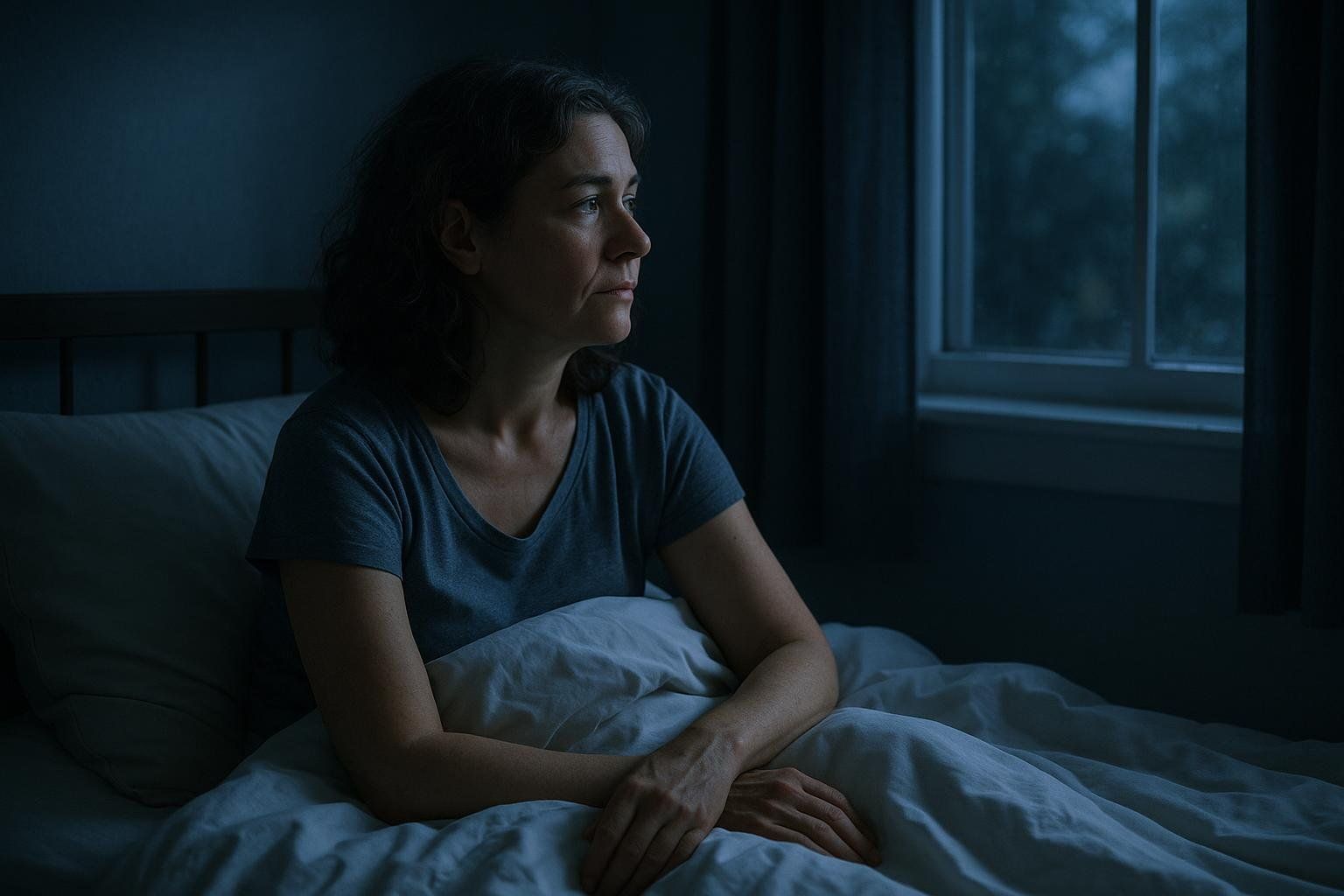 A woman in her 40s sits awake in bed at night, her eyes fixed on the outside world visible through a window, illustrating sleep issues related to perimenopause or other causes of insomnia.