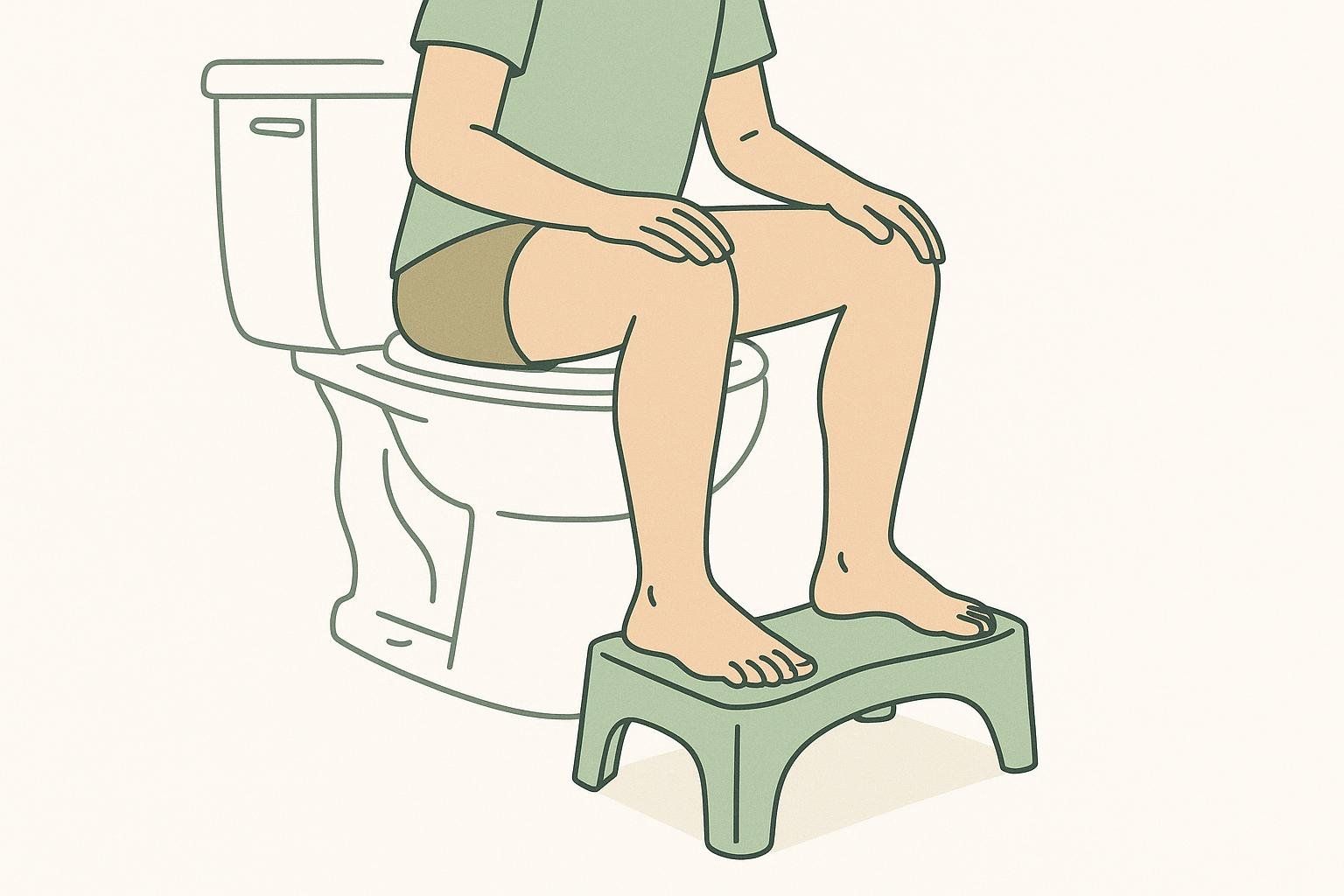 An illustration showing how using a footstool improves posture on the toilet.