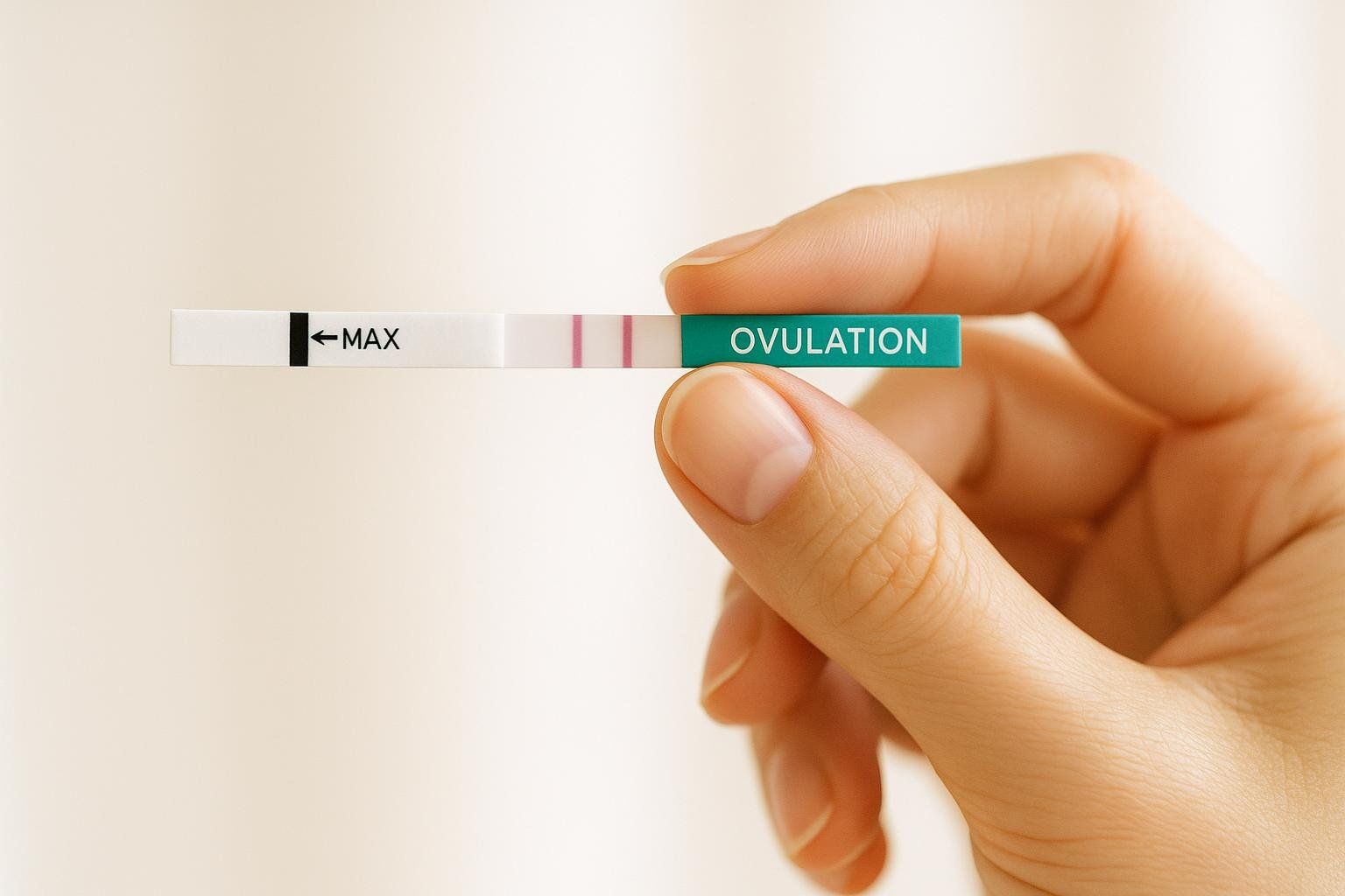 A hand holding a positive ovulation test strip, showing two pink lines indicating a positive result. The strip is labeled 'OVULATION' on the right side and has an arrow pointing to 'MAX' on the left.