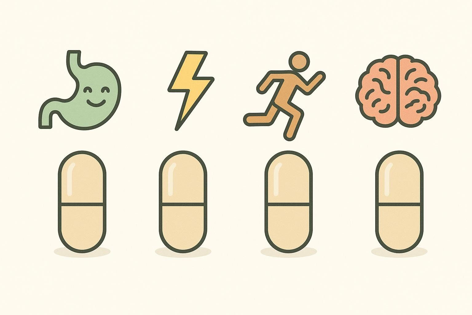 An illustration comparing four supplement capsules, each with a unique icon above it representing different benefits or targets: a smiling stomach, a lightning bolt, a running person, and a brain.
