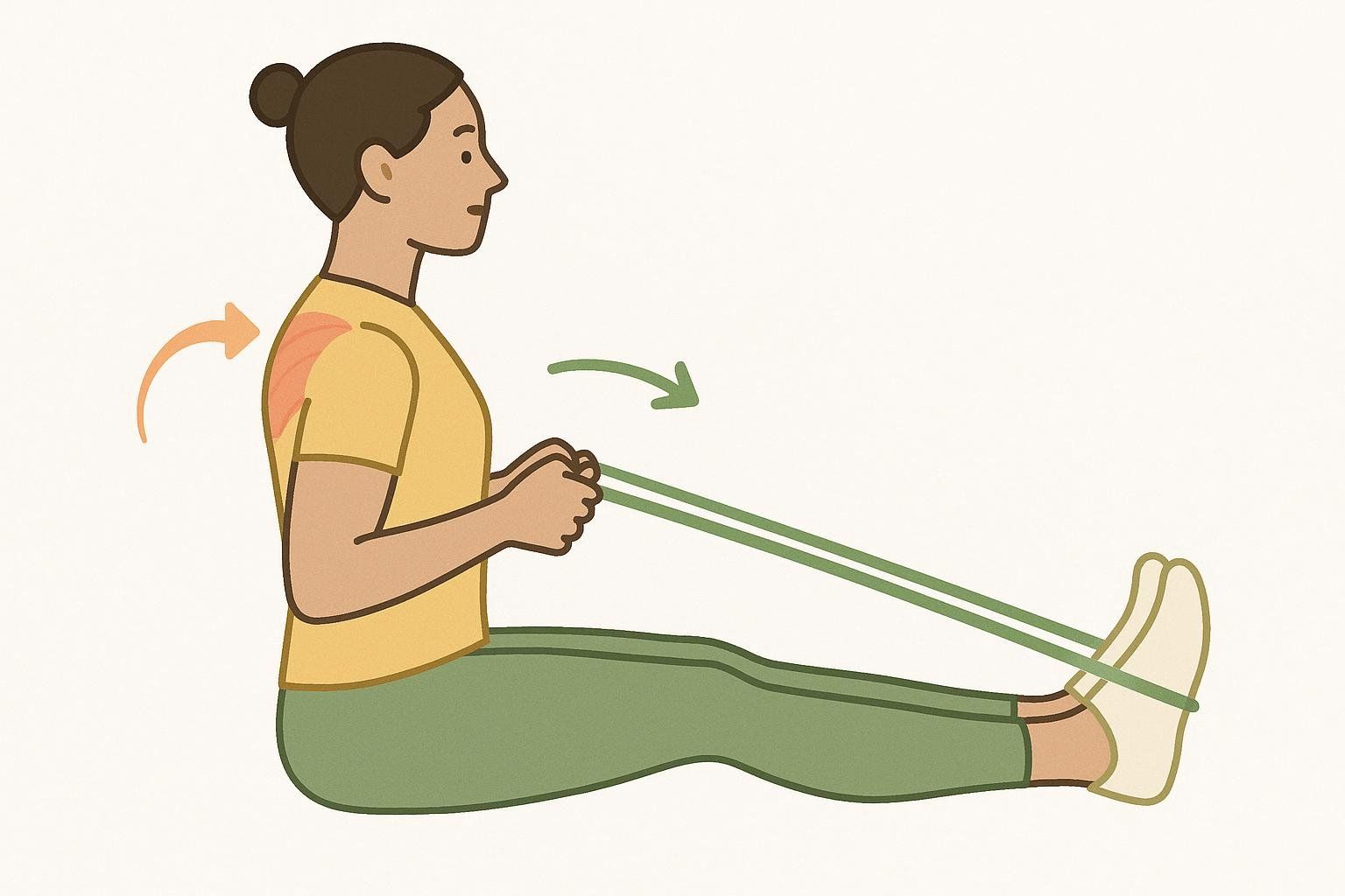 An illustration showing a person doing a seated row with a resistance band, highlighting proper form for the back and biceps.