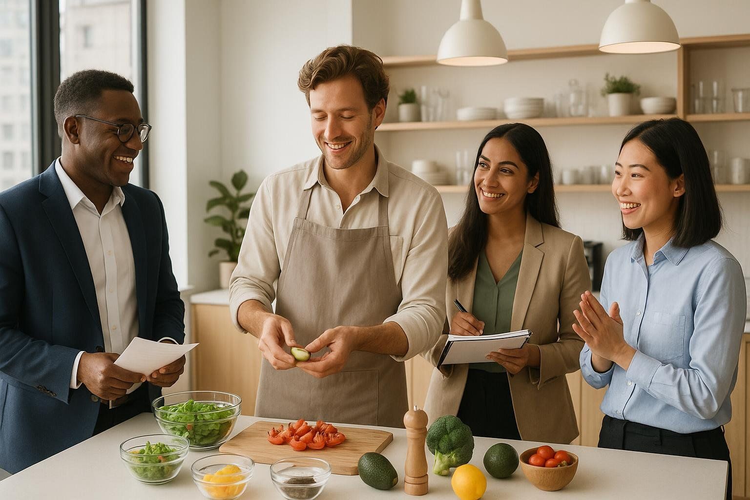 Diverse office workers engaged in a healthy cooking class as part of a corporate wellness initiative.