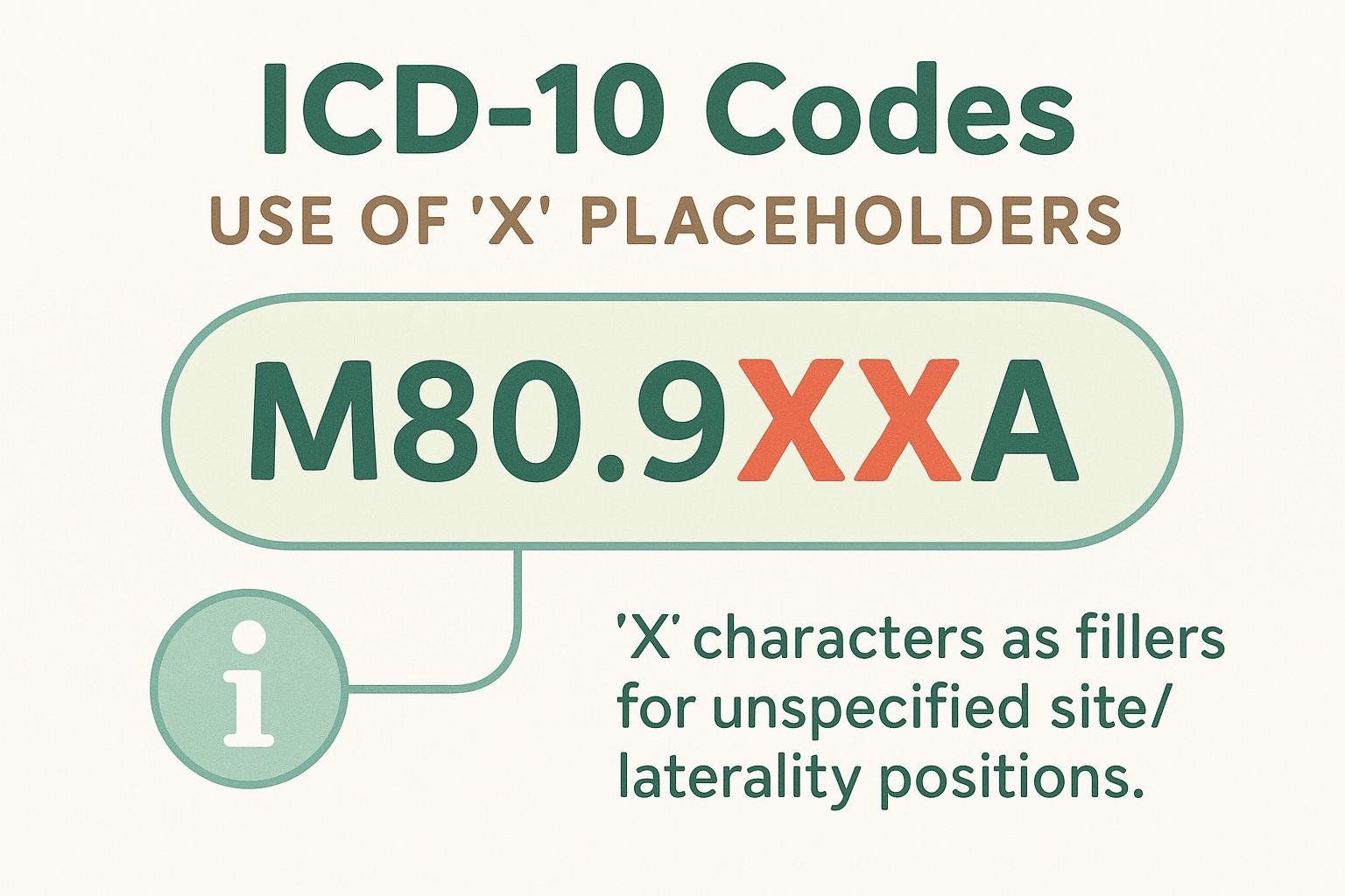 An illustration explaining the use of 'X' placeholders in ICD-10 codes. The example provided is 'M80.9XXA', with a note stating that 'X' characters are used as fillers for unspecified site or laterality positions.
