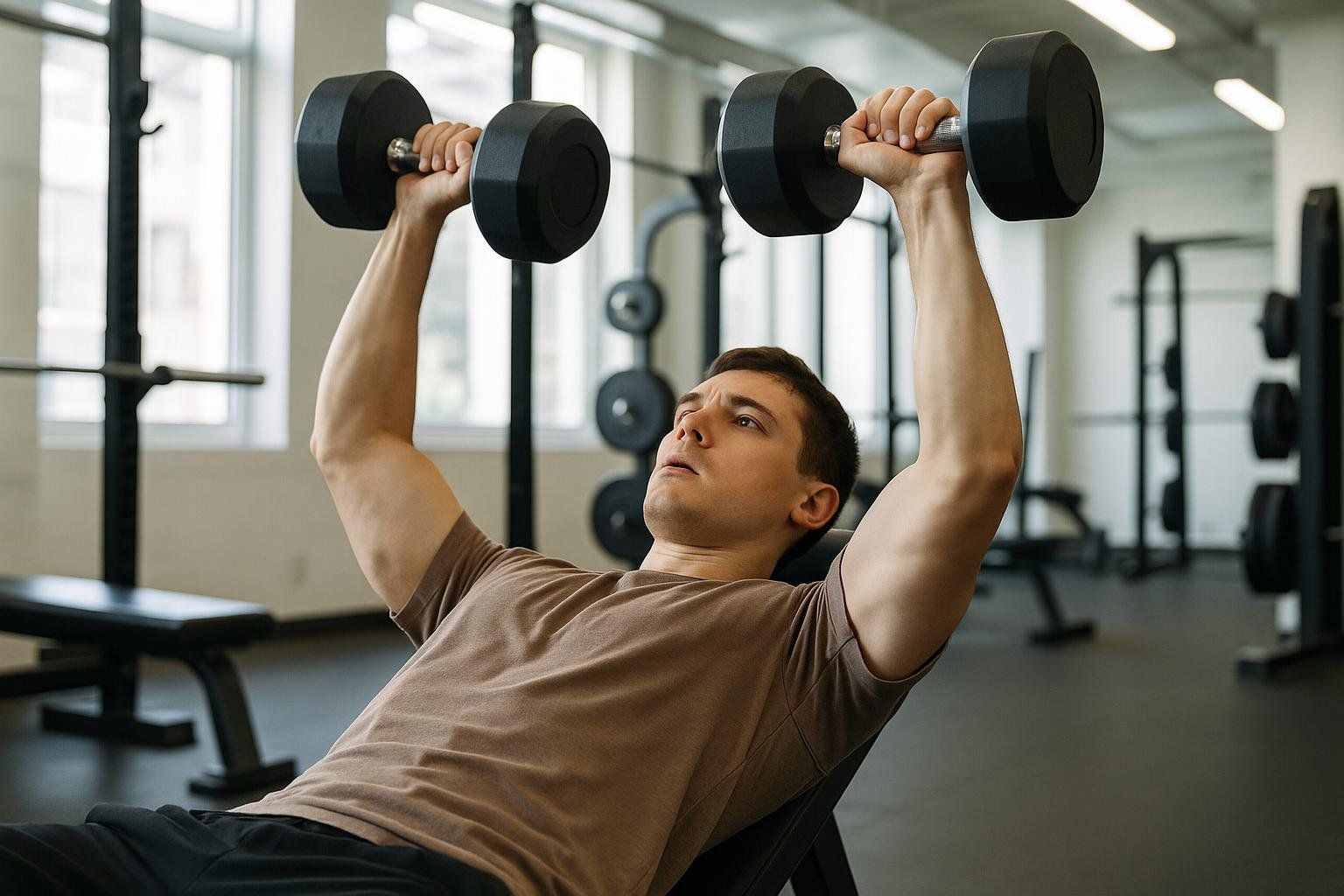 Person mindfully performing a dumbbell press, representing beginner gym training.