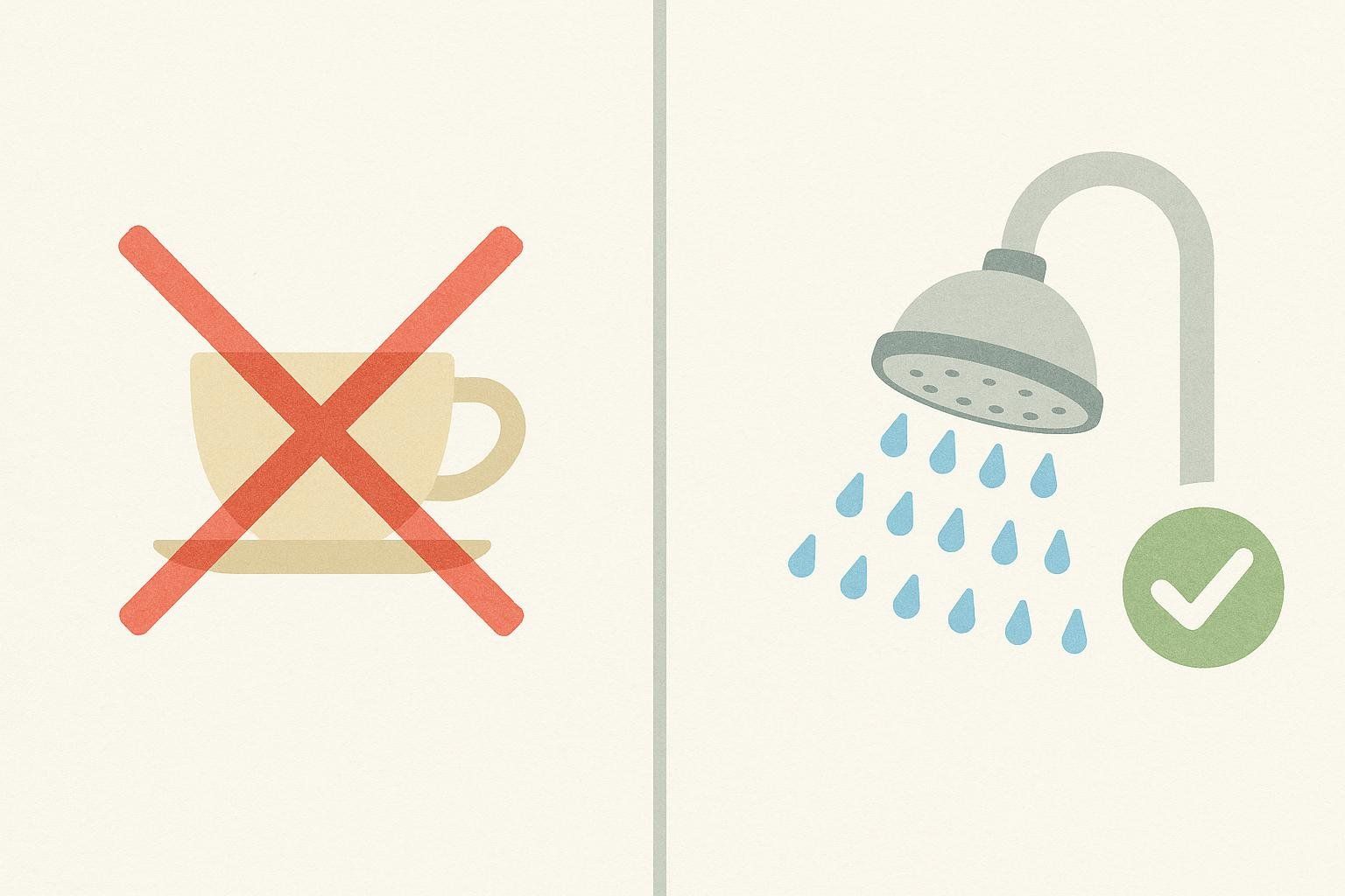 An illustration showing a coffee cup crossed out on the left and a shower head with falling water and a checkmark on the right. This represents choosing a cold shower over coffee for a healthy morning energy boost.