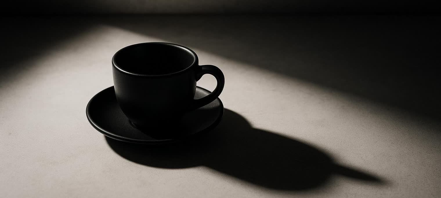 A minimalist shot of a black coffee cup and saucer casting a dramatic, long shadow on a light gray surface, with a strong light source coming from the top left.