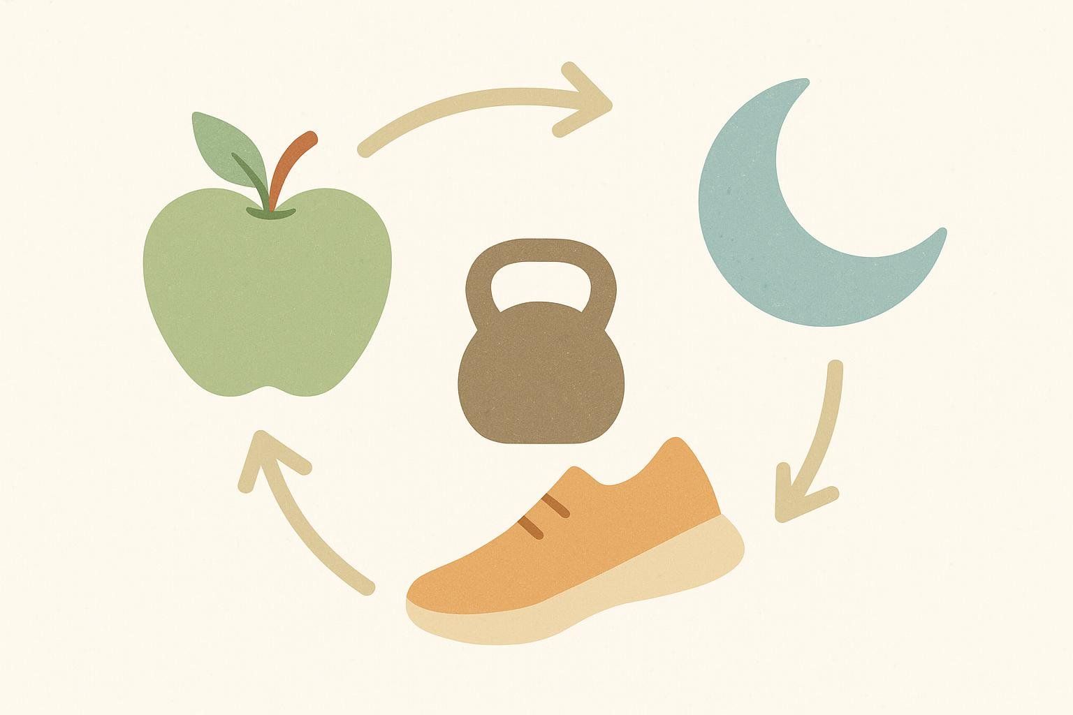 Stylized icons representing nutrition (apple), exercise (kettlebell and shoe), and recovery (crescent moon), arranged in a cycle with arrows.