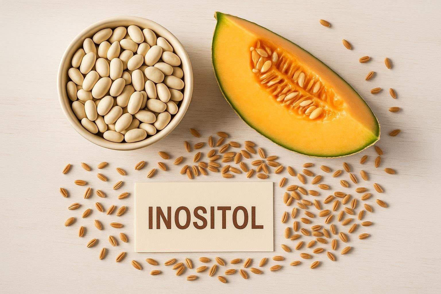 A flat lay image features a bowl of white beans, a slice of cantaloupe, and wheat berries scattered across a light surface. A small card with the word 'INOSITOL' in bold brown letters is placed in the foreground among the wheat berries, indicating these are inositol-rich foods.