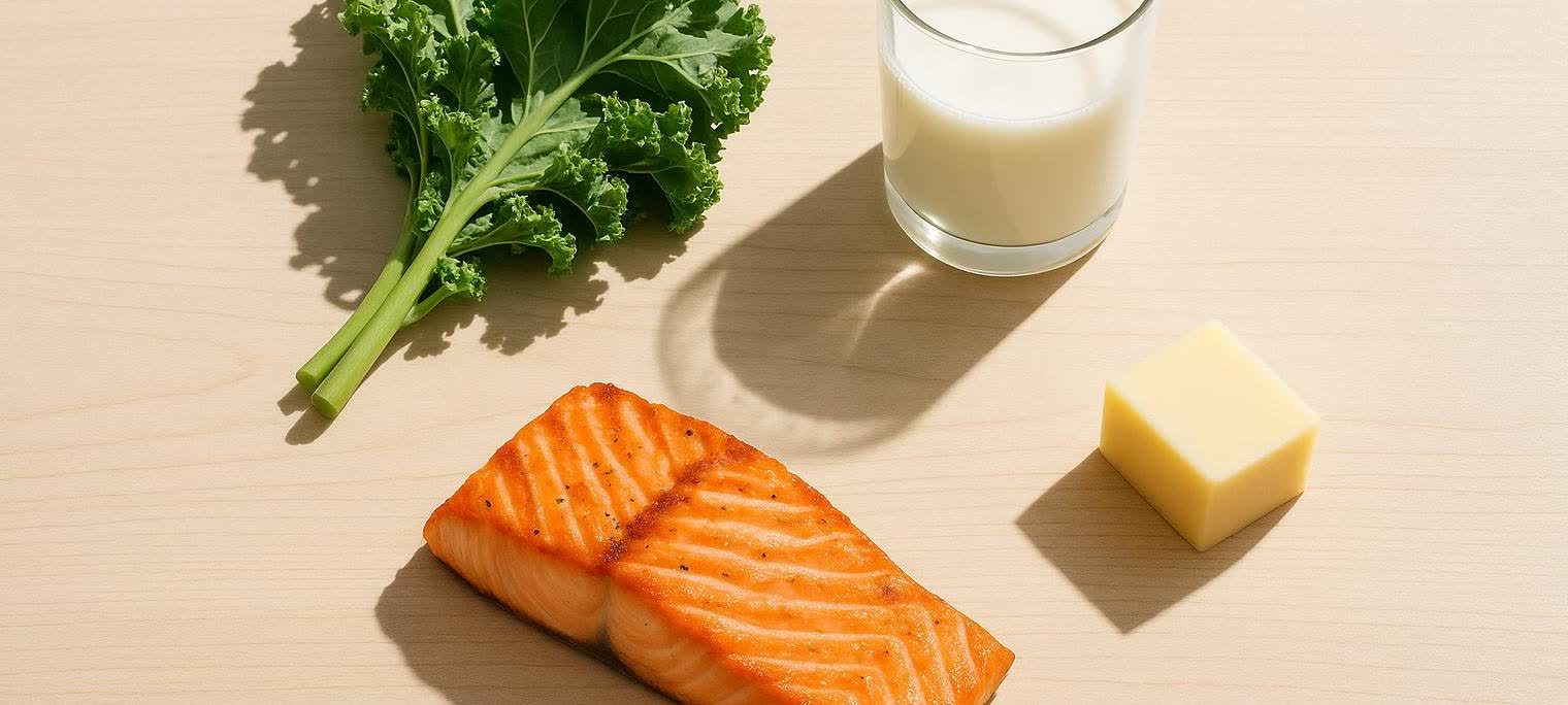 A flat lay of healthy foods rich in vitamins D and K, including salmon, kale, cheese, and milk, representing dietary sources.