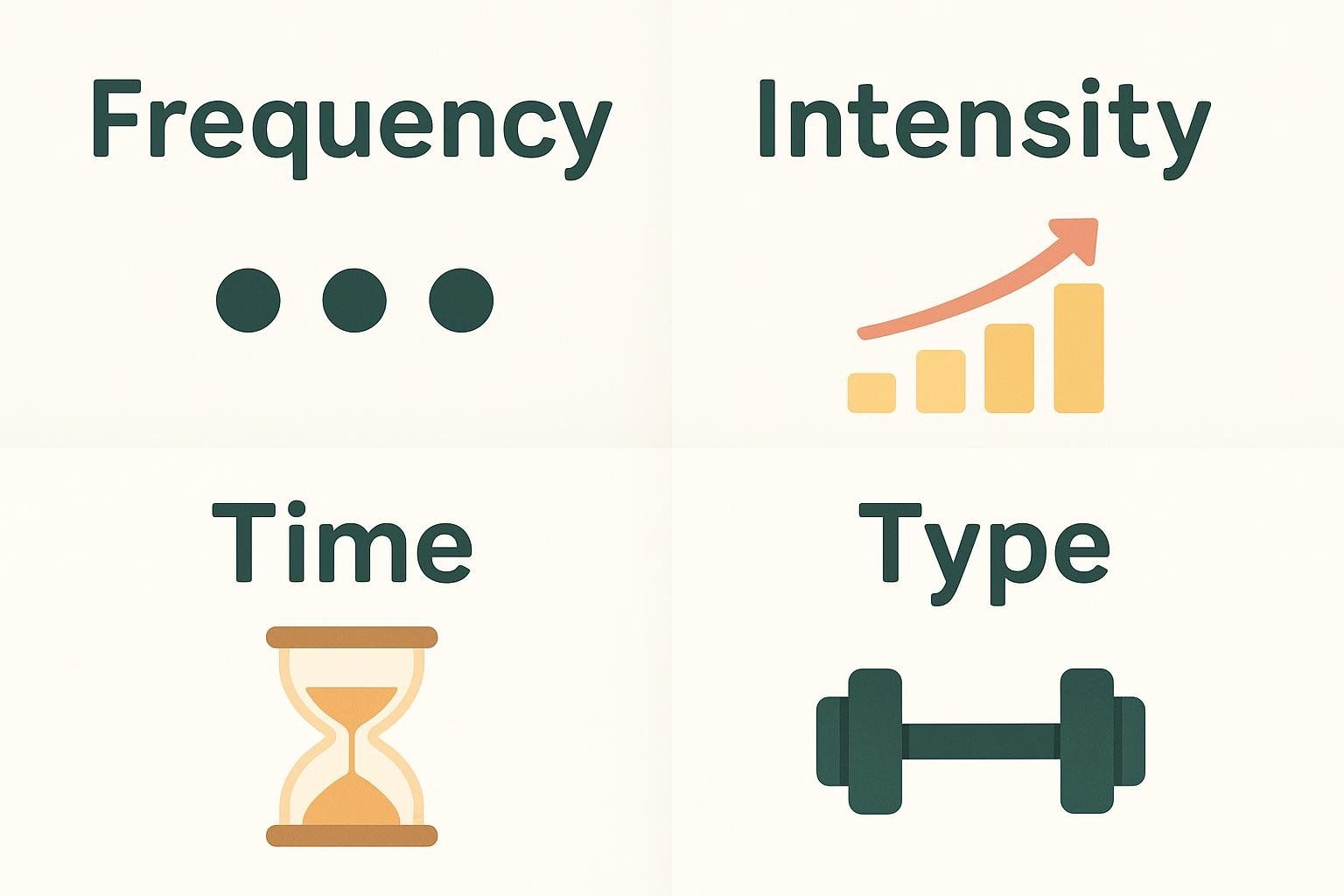 An infographic with four icons explaining the FITT principle: repeating dots for Frequency, a bar chart for Intensity, an hourglass for Time, and a dumbbell for Type.