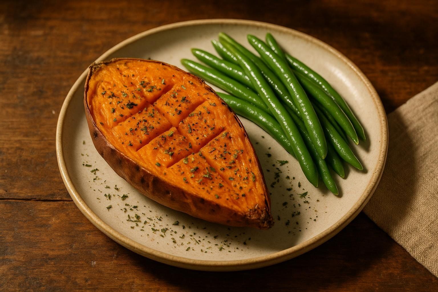 A close-up of a baked sweet potato and green beans on a plate.