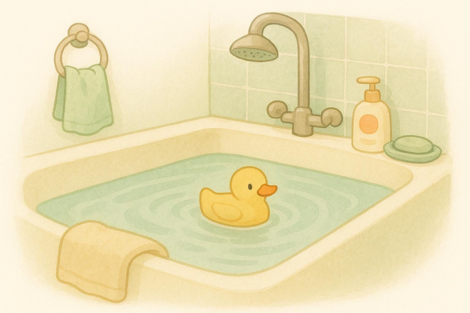 Illustration of a gentle, tepid bath with a rubber duck, suitable for a feverish child.