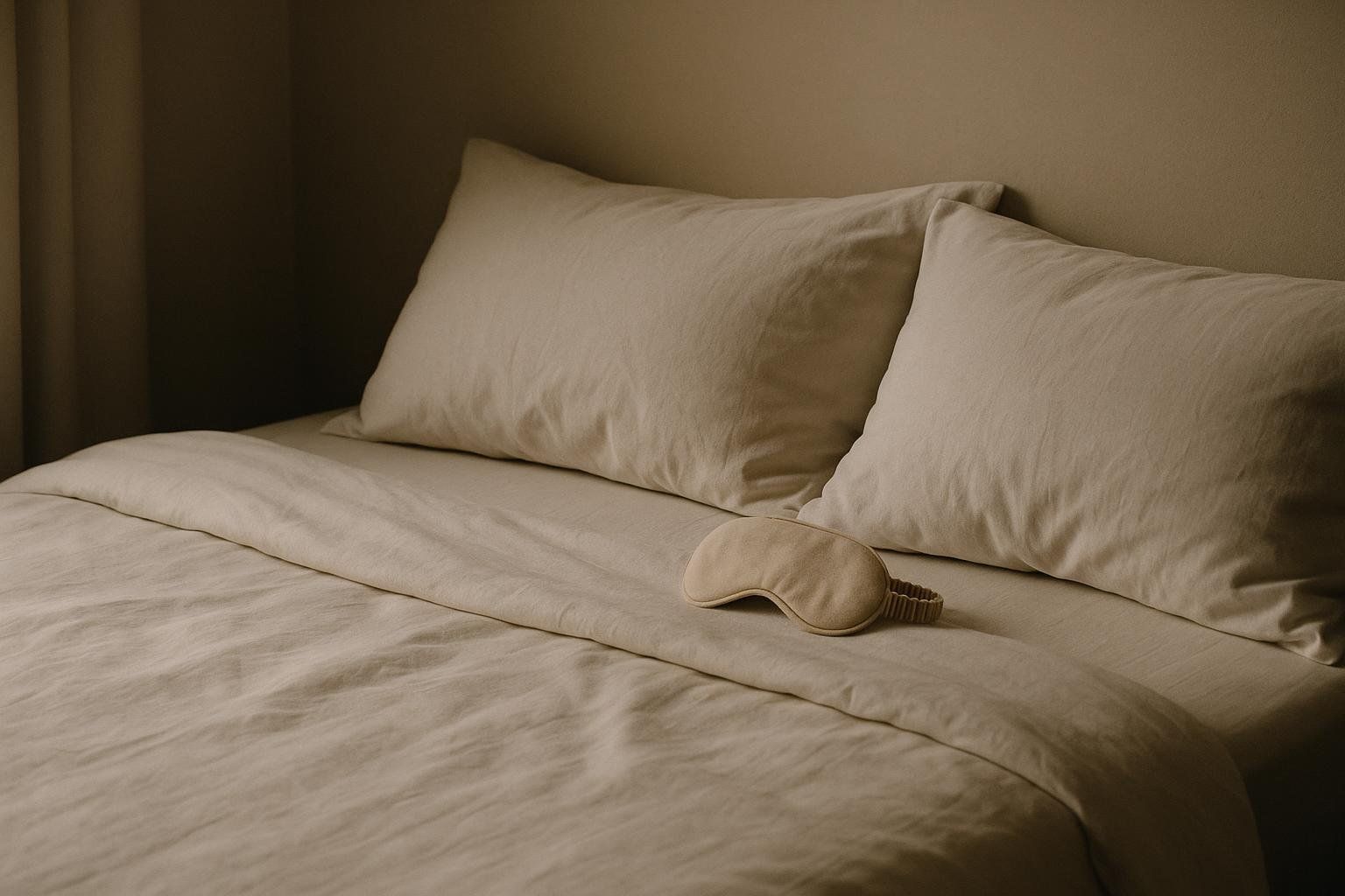 A beige sleep mask rests on a neatly made bed with light-colored pillows and duvet in a dimly lit room, suggesting a peaceful, restful atmosphere.