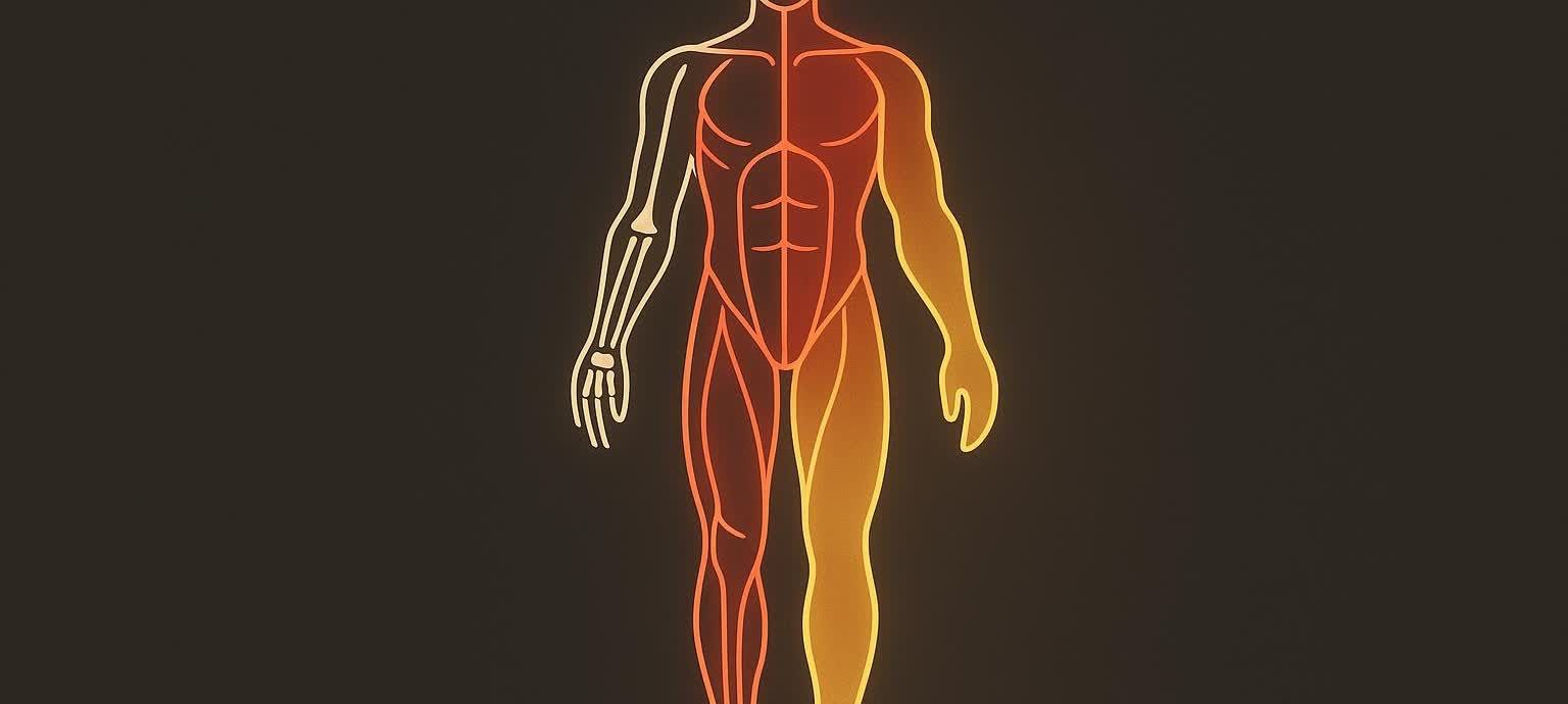 An artistic representation of a human body, with the left arm showing bones, the torso showing muscle outlines, and the right arm and leg showing a solid mass, illustrating body composition analysis concepts.