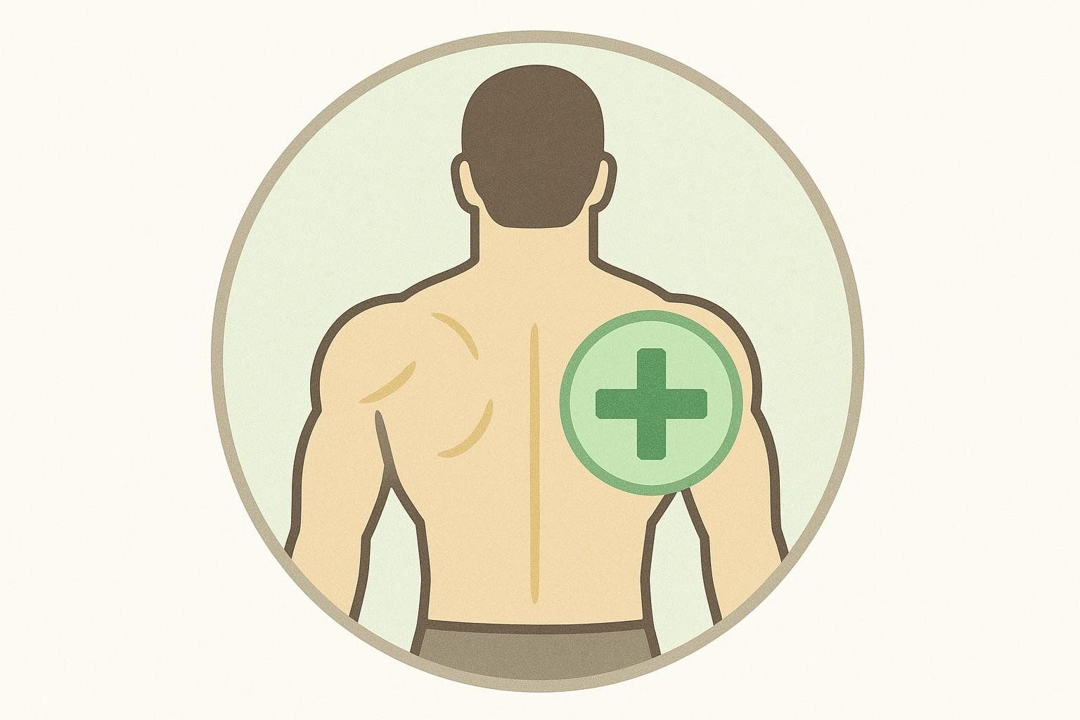 An icon of a person's muscular back seen from behind, with a green circle containing a white plus sign superimposed on the right shoulder blade, symbolizing measurable muscle gain, progress, or improvement.