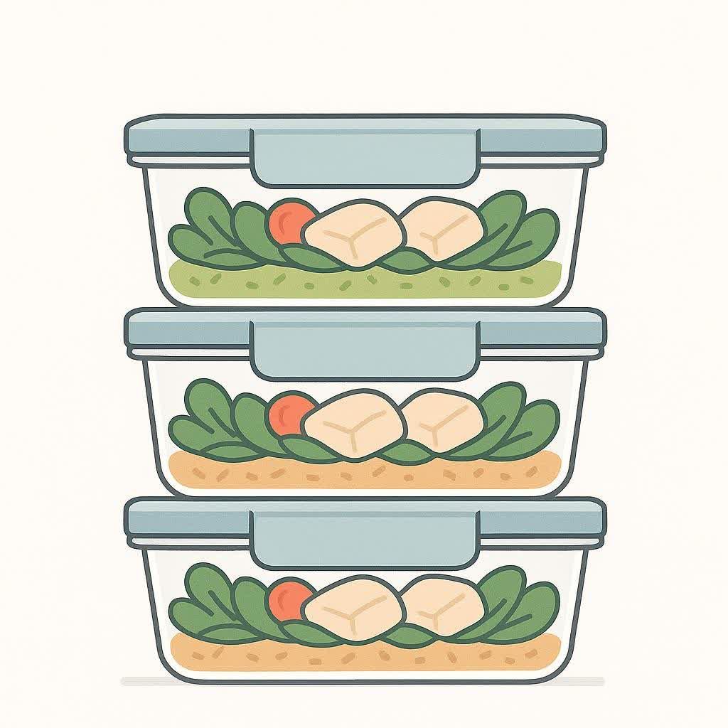 Illustration of three identical clear glass containers with light blue lids, stacked vertically. Each container holds a meal composed of green leafy vegetables, two light-colored cubic food items, and a red circular item, all layered on a base of beige colored food.