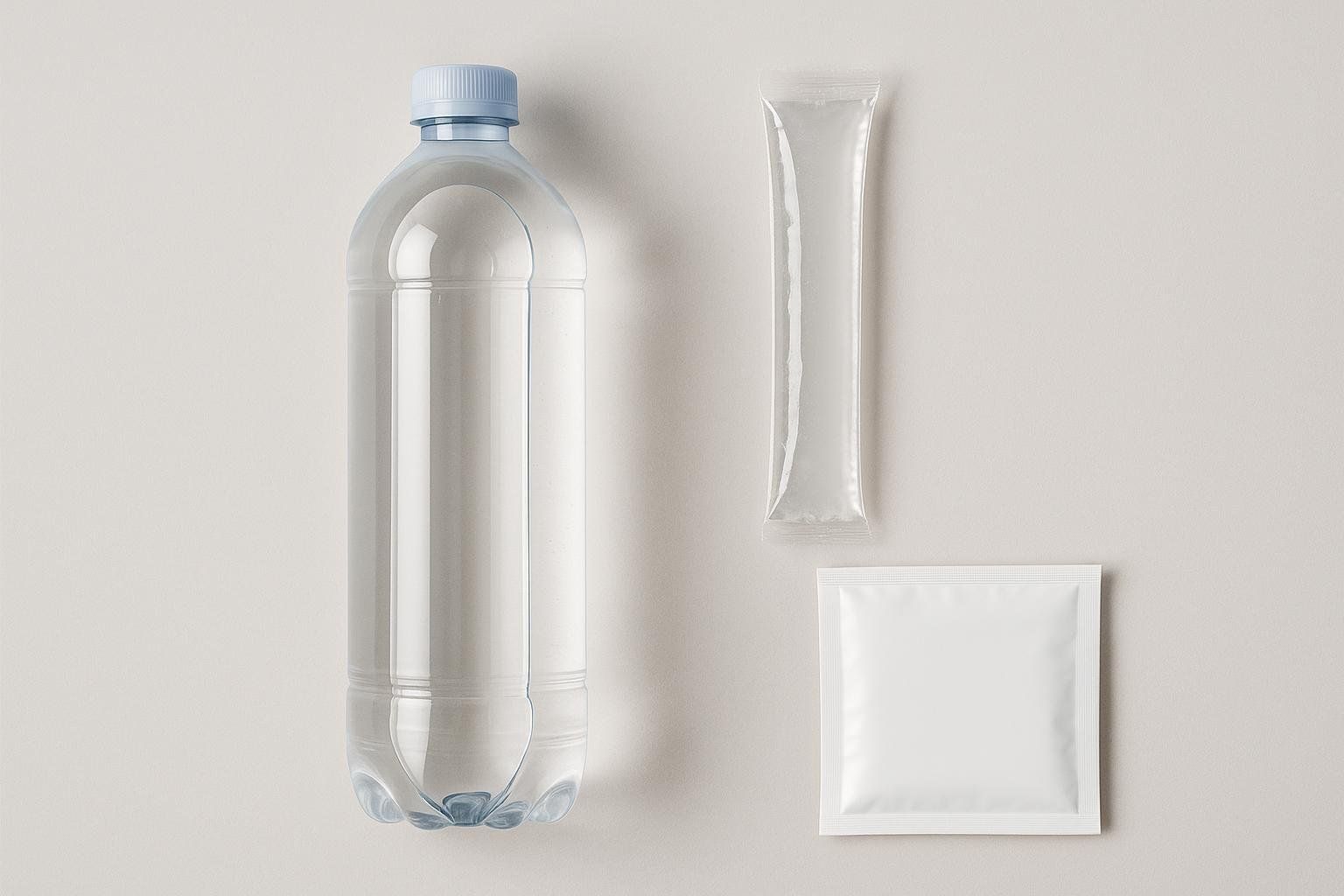 A flat lay of various rehydration products: a clear plastic bottle with a light blue cap, a clear stick-pack packet, and a square white powder packet, all against a light gray background.