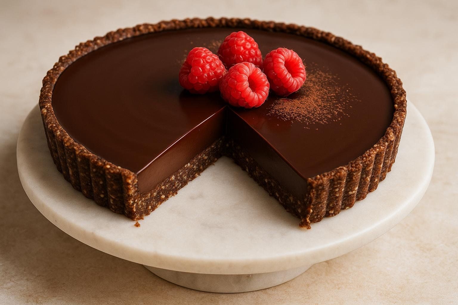 A rich chocolate ganache tart with a nutty crust is displayed on a white marble cake stand. One slice has been removed, revealing the dark chocolate filling and textured crust. Four fresh raspberries and a dusting of cocoa powder garnish the top of the tart.