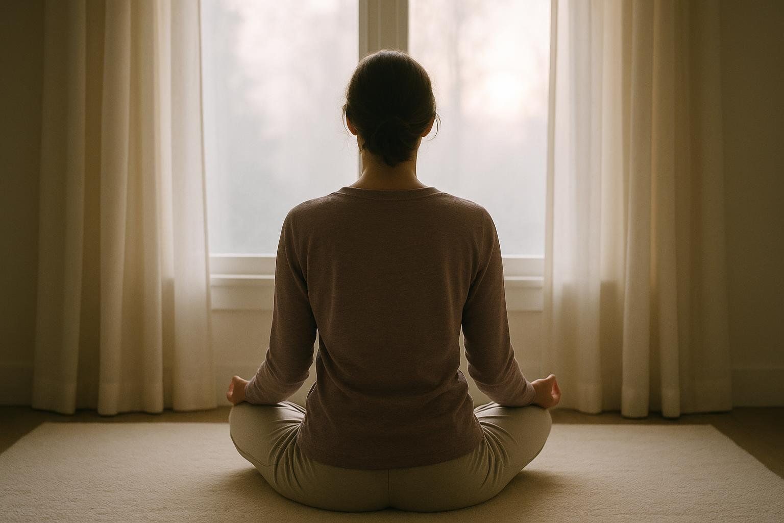 A person seen from behind, sitting in a cross-legged meditation pose by a window with light filtering through sheer curtains. Their hands rest on their knees in a mudra.