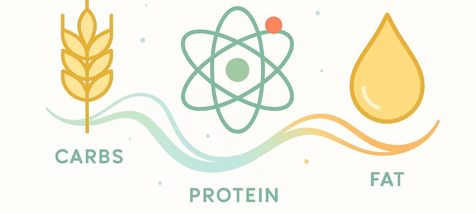 An illustration of three icons for carbs, protein, and fat, connected by an energetic line to show how they work together.