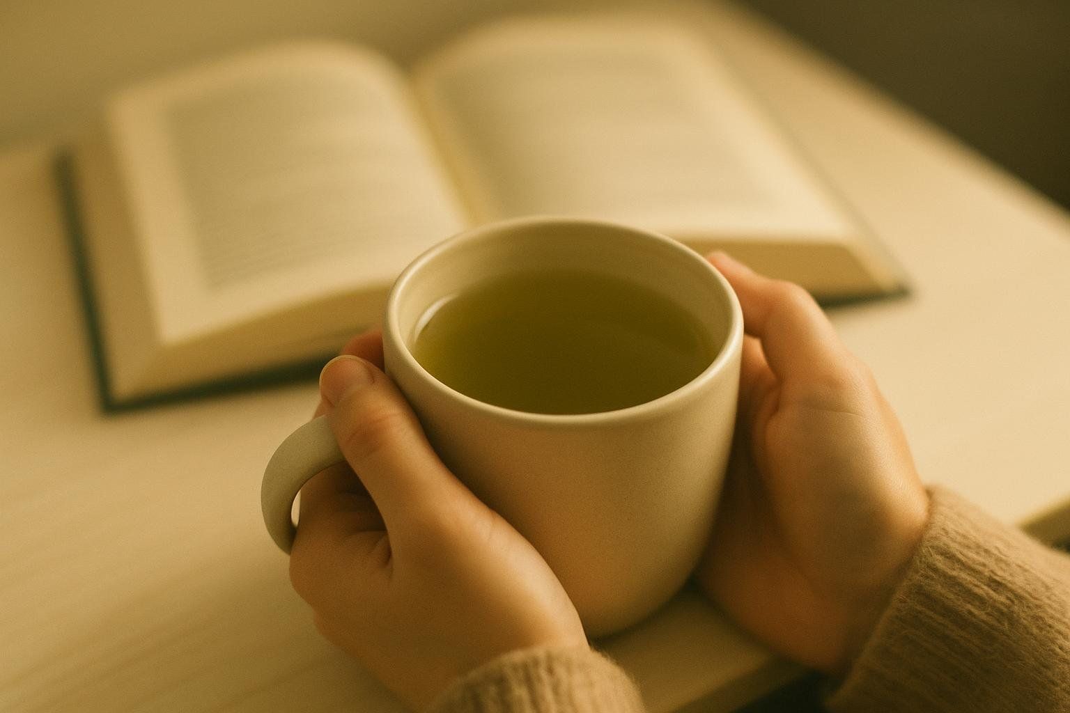Hands holding a warm mug of green tea, with an open book in the blurred background. The image conveys a sense of calm and focused relaxation.
