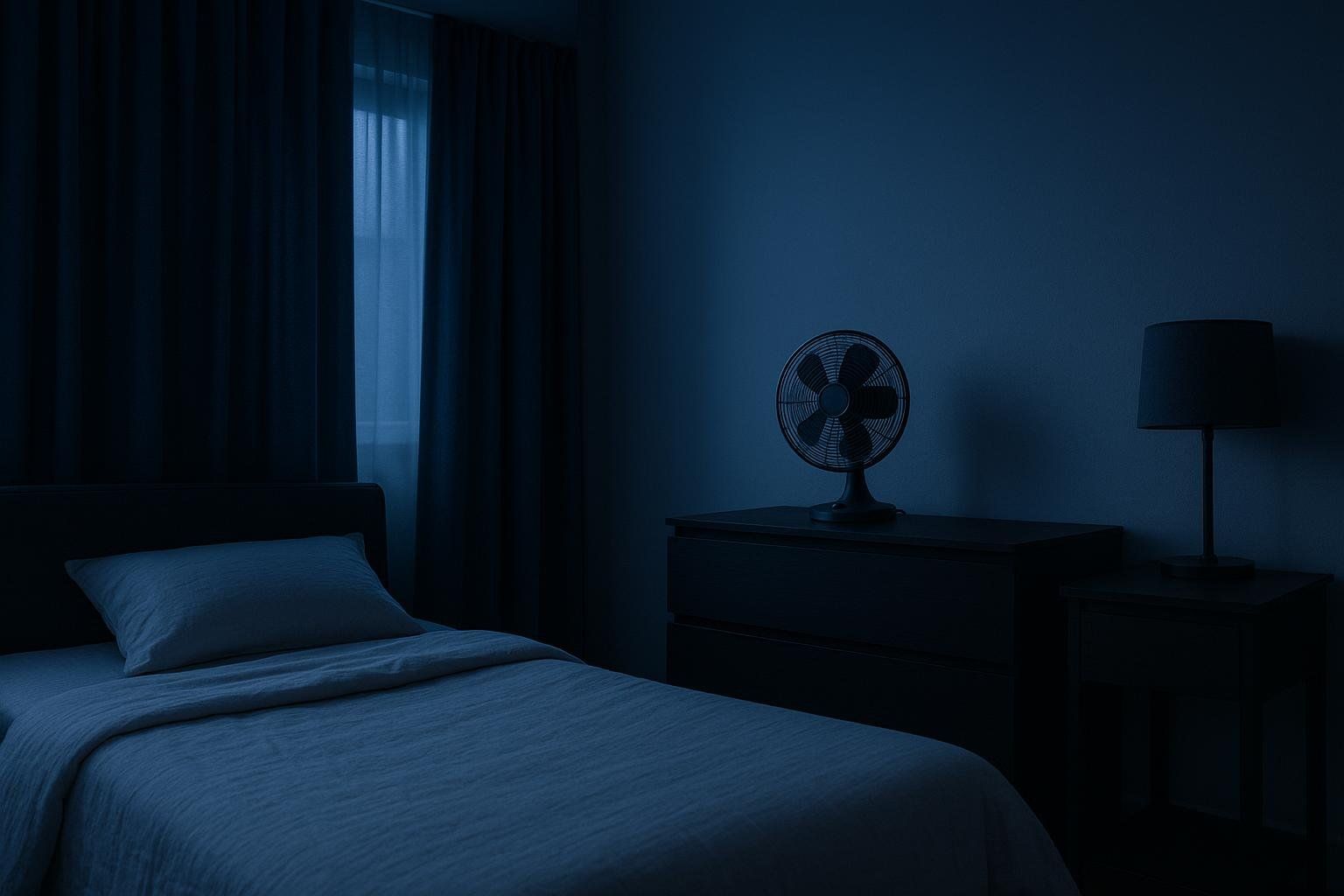 A cool, dark, and quiet bedroom optimized for sleep, with blackout curtains partially drawn, showing a sliver of light from a window, a bed with light-colored bedding, a fan on a dresser, and a lamp on a bedside table.