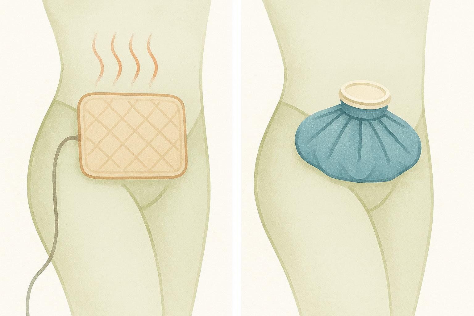An illustration showing the application of heat and cold packs on a hip for temporary pain and stiffness relief.