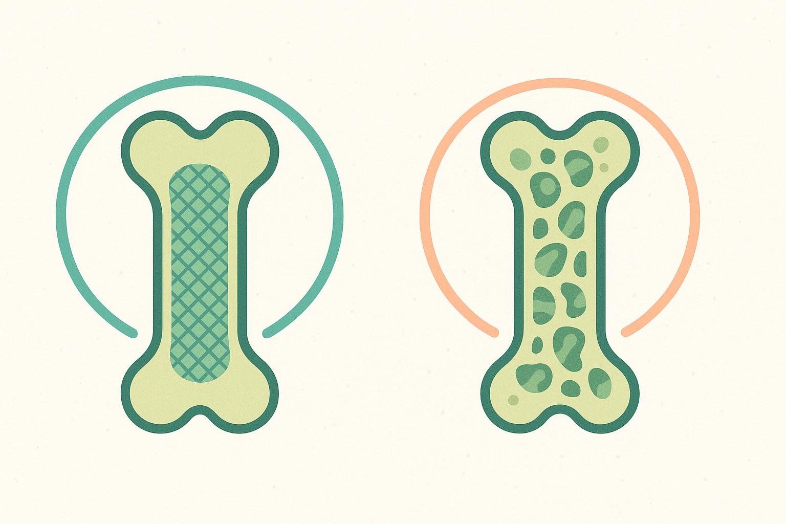 An illustration comparing a healthy, dense bone structure (left, cross-hatched) with a porous, low-density bone structure (right, irregular holes), demonstrating the concept of bone mineral density.