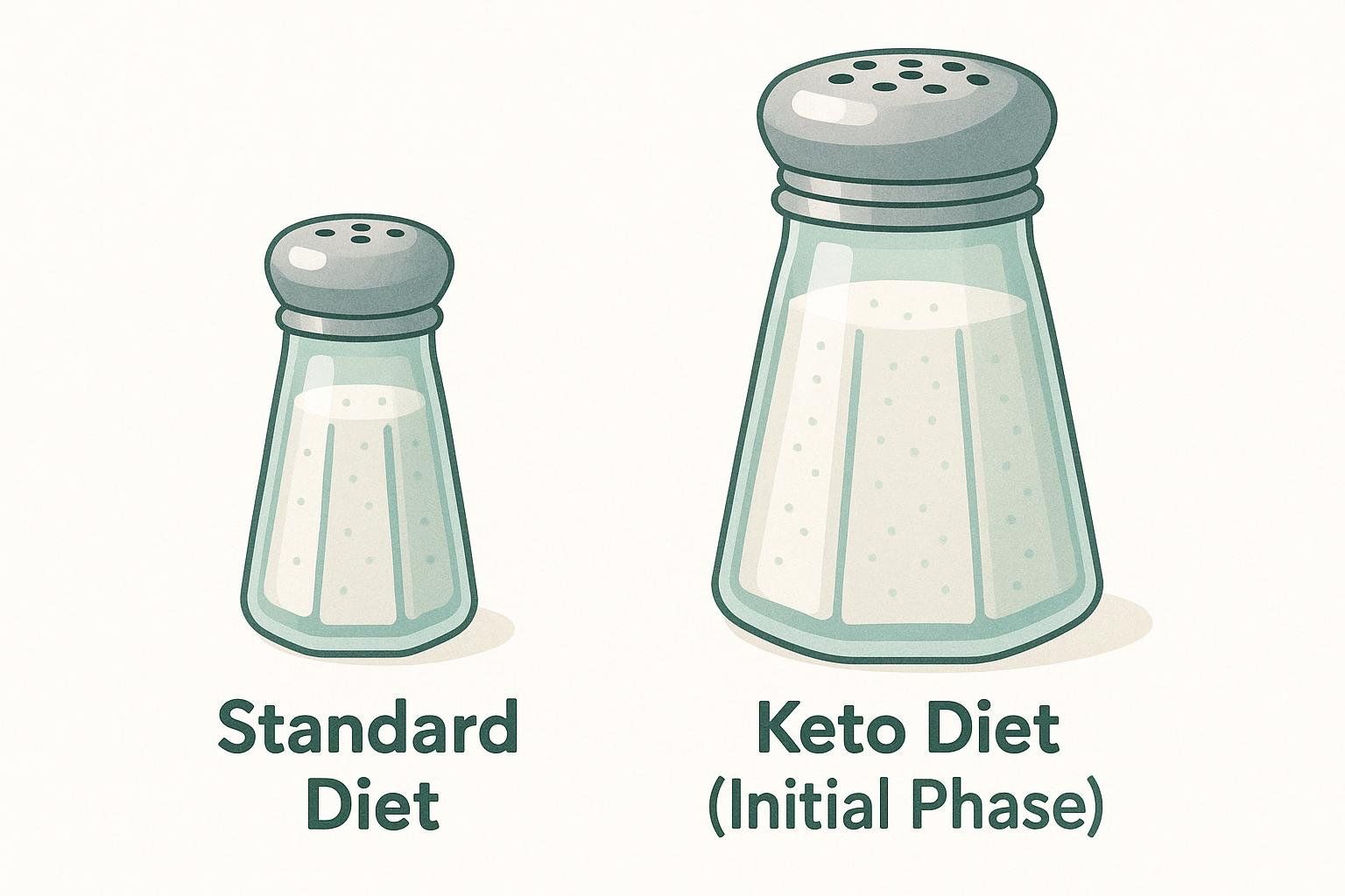 An illustration comparing a small salt shaker labeled 'Standard Diet' to a larger salt shaker labeled 'Keto Diet (Initial Phase)', visually representing the increased sodium need for a keto diet.