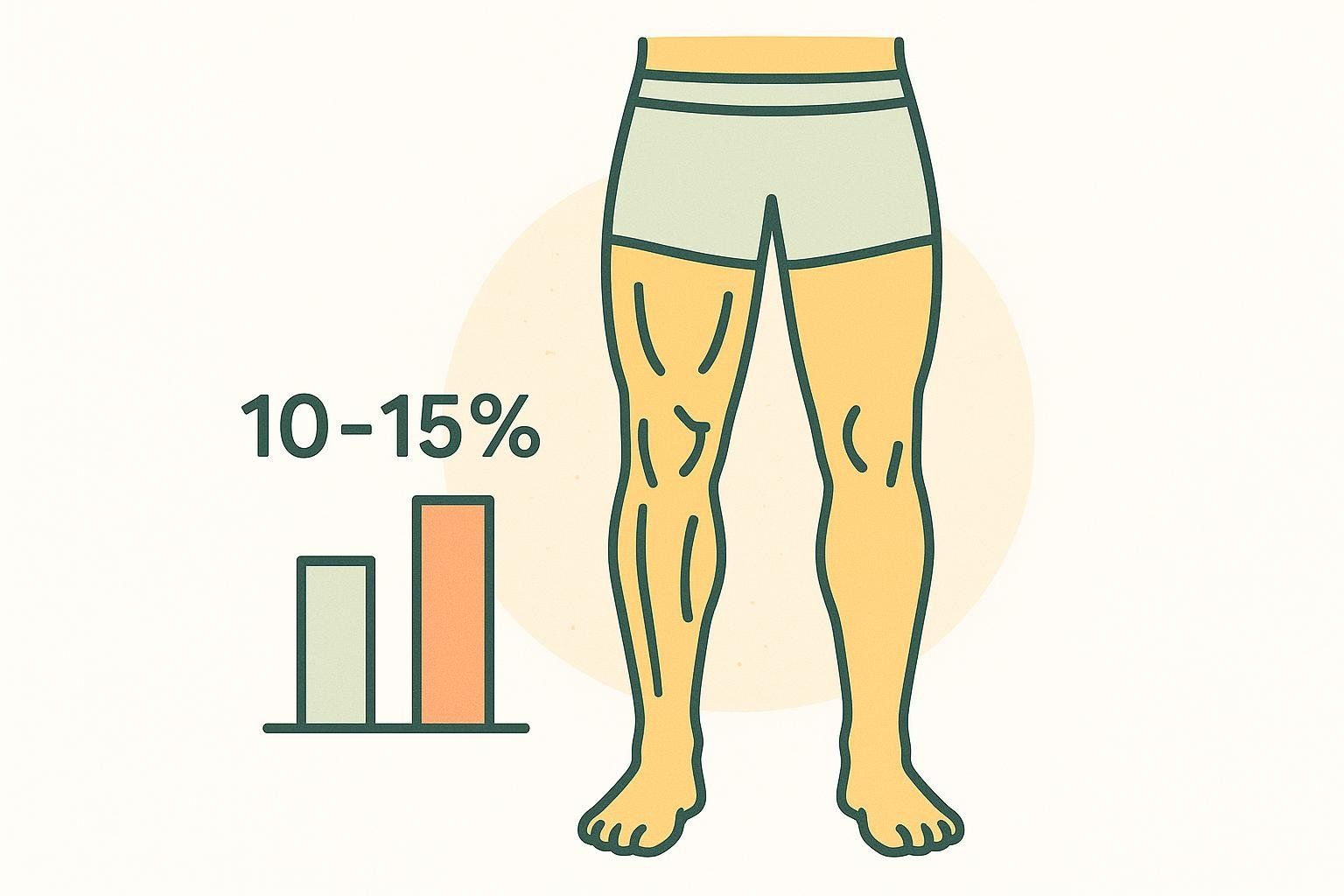 An infographic showing a bar chart next to a pair of legs, illustrating a muscle mass difference between the left and right sides of 10-15%.
