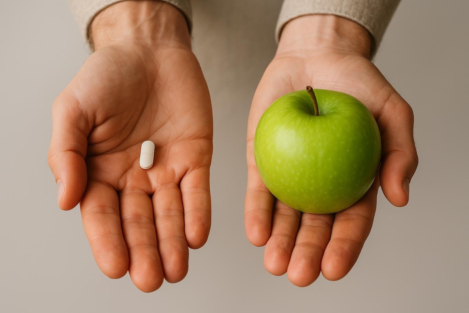 A person holding a white pill in their left open palm and a bright green apple in their right open palm, symbolizing a choice between medication and natural health.