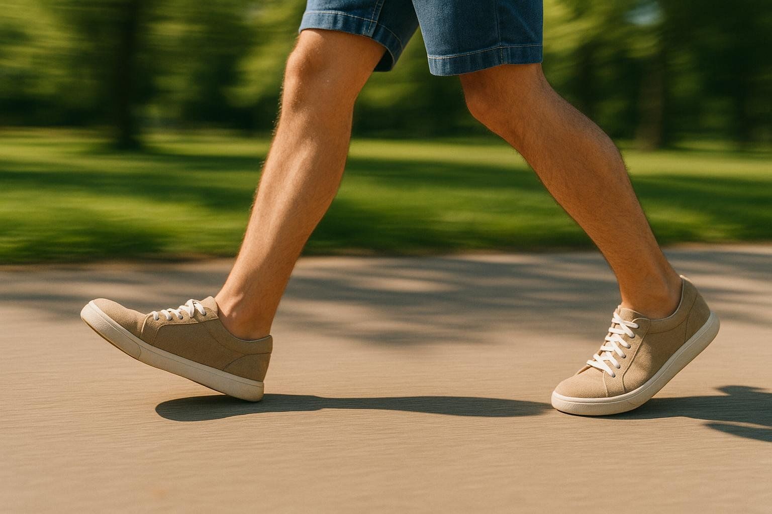 A pair of legs is shown from the knee down. They are striding on a paved path or sidewalk while a green, grassy background is motion blurred.
