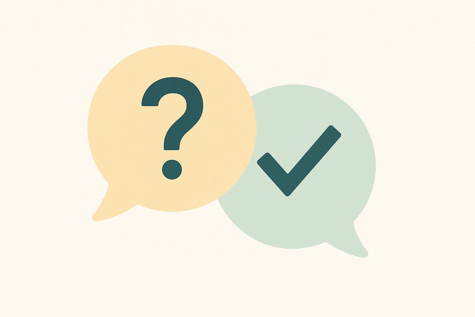 An illustration features a yellow speech bubble with a dark question mark overlapping a teal speech bubble with a dark checkmark. This image represents a Q&A or question and answer section.