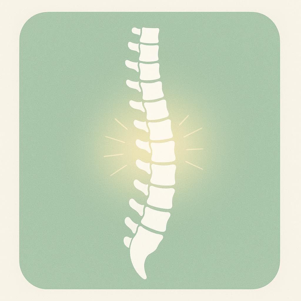 A minimalist illustration of a healthy human spine, shown in white against a pale green background, with a soft yellow glow emanating from the central vertebrae.