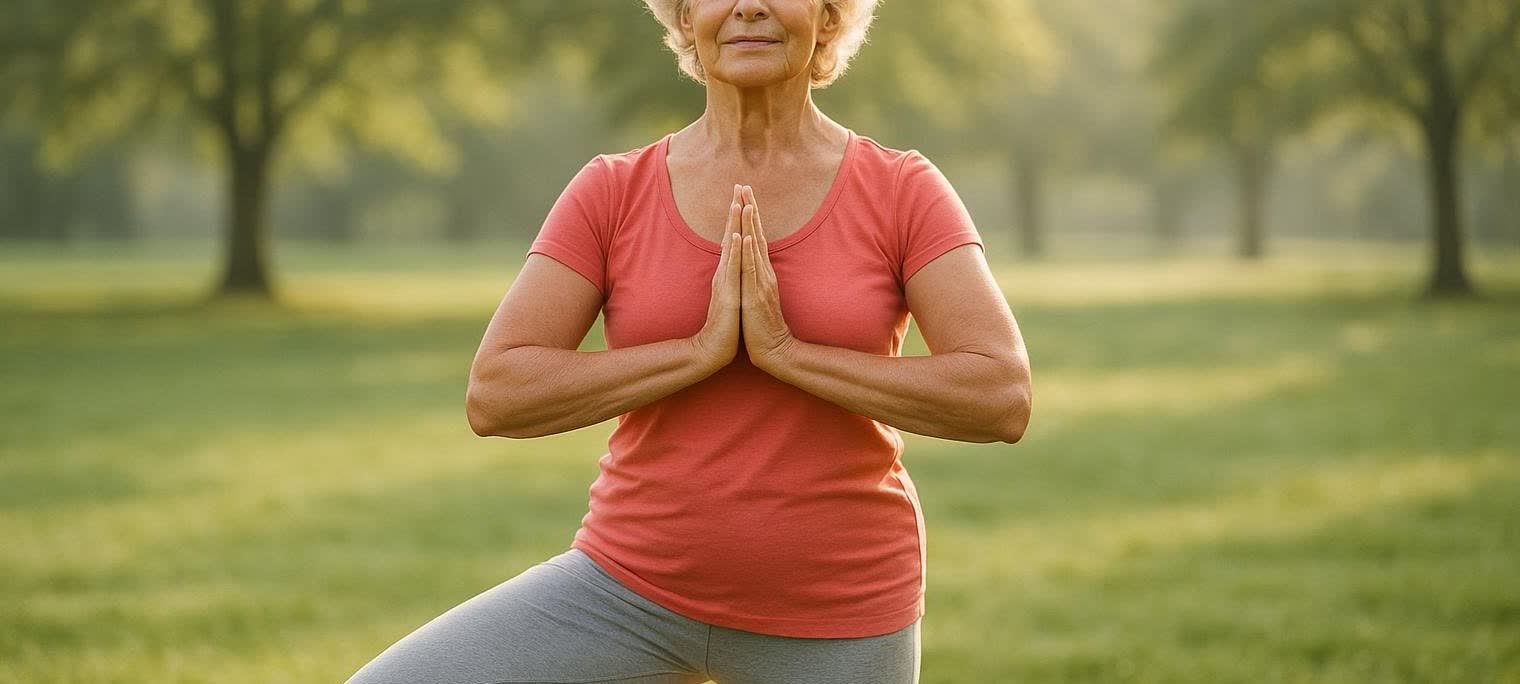 A healthy senior woman doing yoga in a park, representing bone health and wellness.