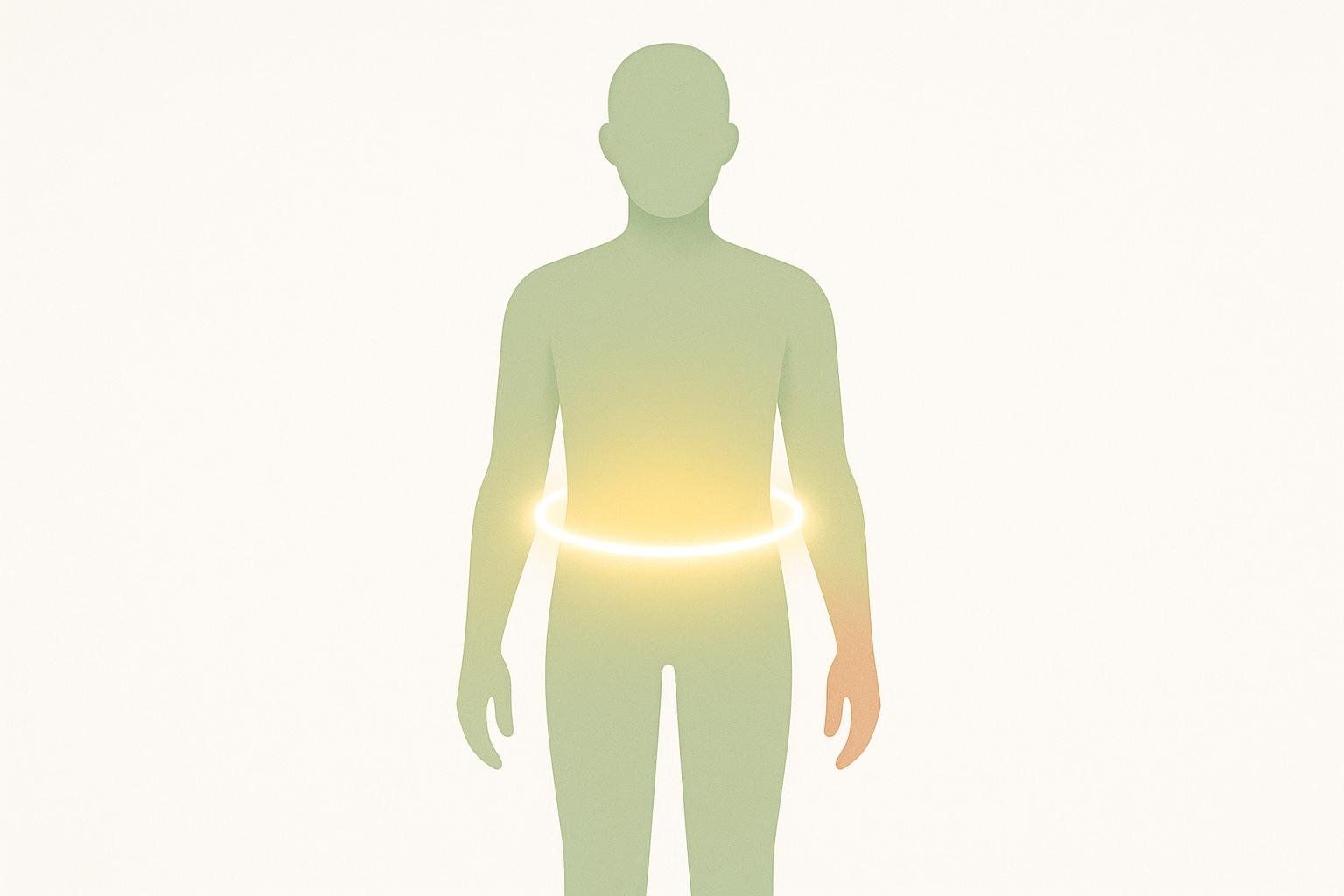 An abstract illustration of a light green human silhouette facing forward, with a bright, glowing yellow-orange ring around its waist, symbolizing waist circumference as an important health marker.