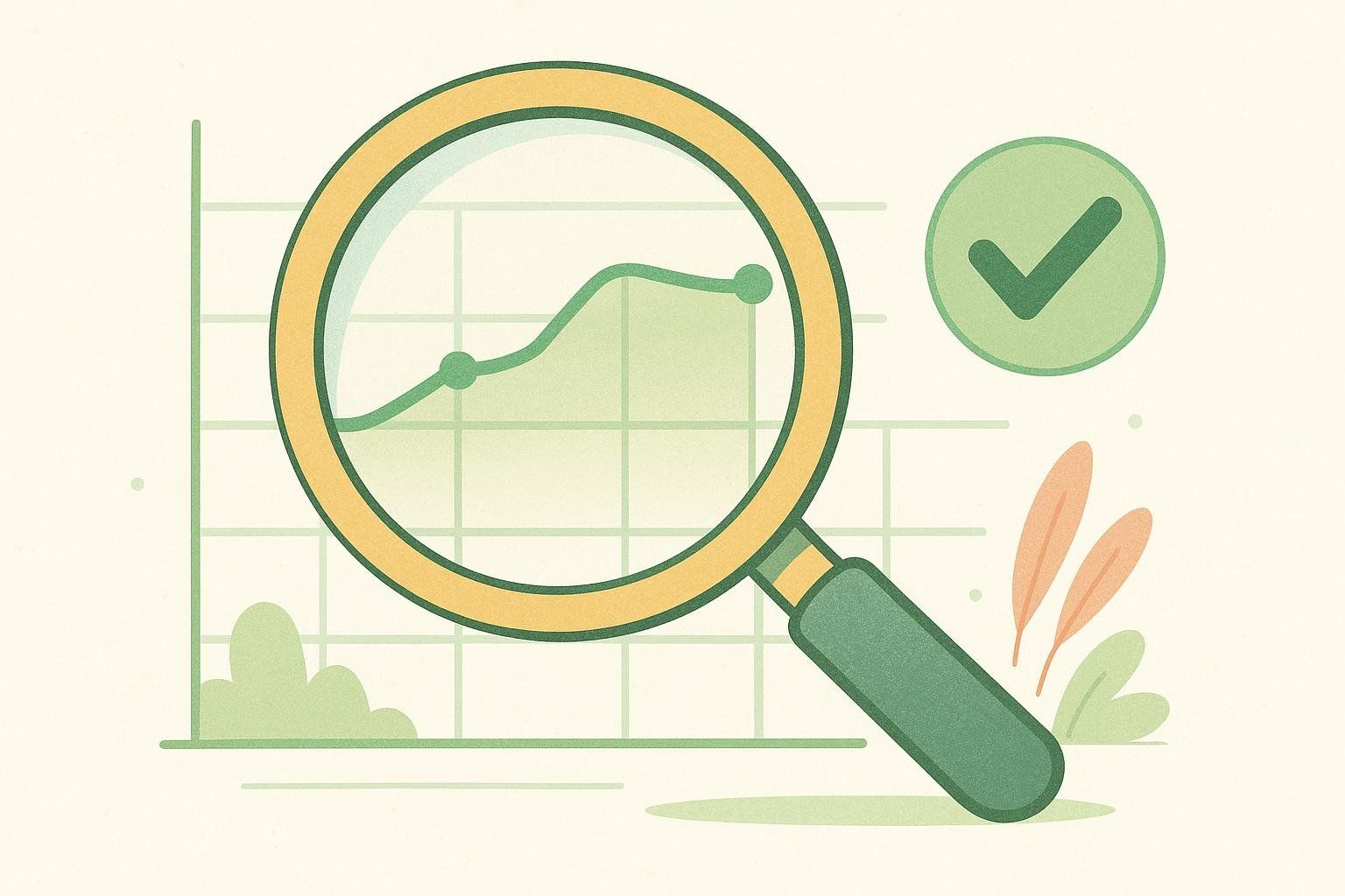 An illustration showing a magnifying glass over a green line graph on a grid, with a green checkmark icon in the upper right corner, symbolizing data analysis, verification, and accuracy.