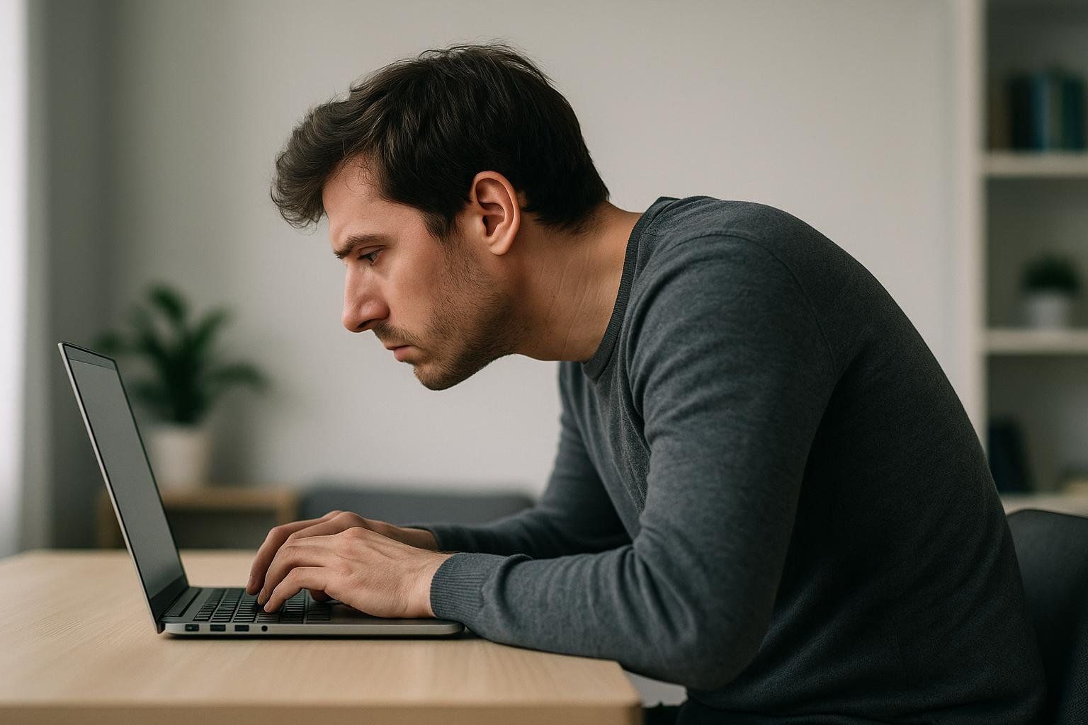 A man with poor posture leans forward over a laptop on a wooden desk, likely experiencing neck and shoulder strain. His head is thrust forward as he looks at the screen.